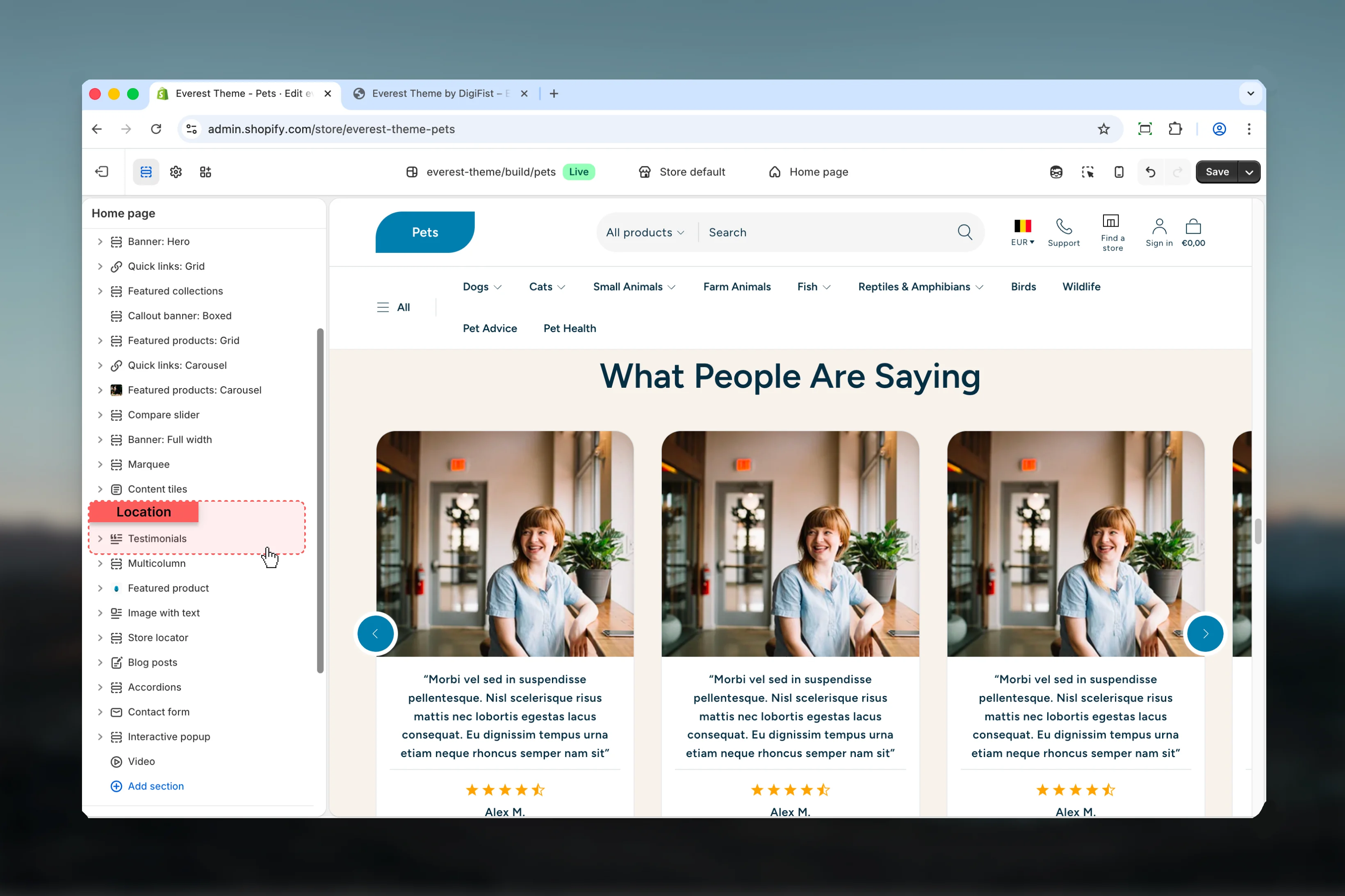 Testimonials location in Theme Customizer