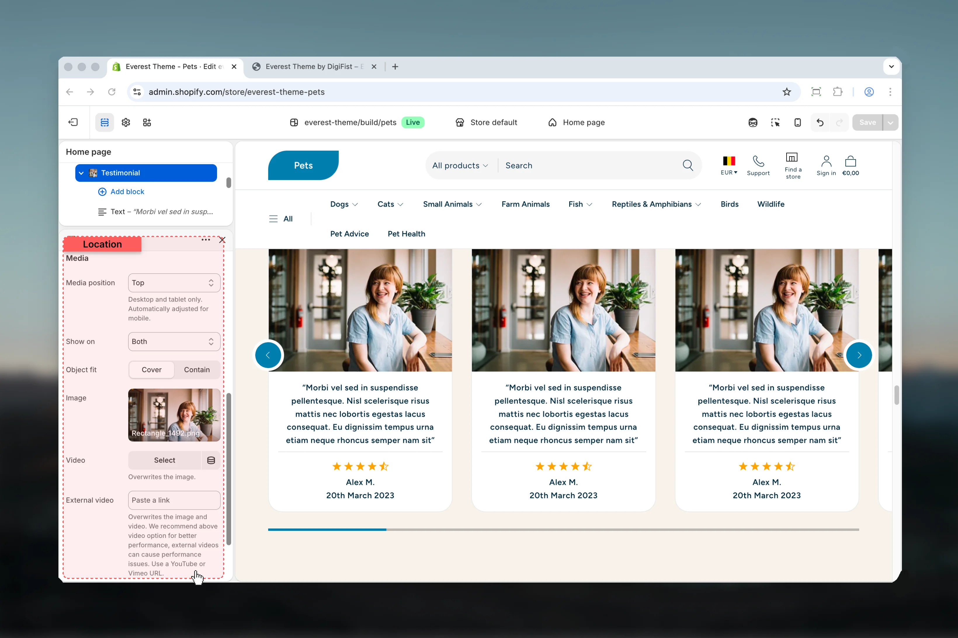 Testimonials Media settings