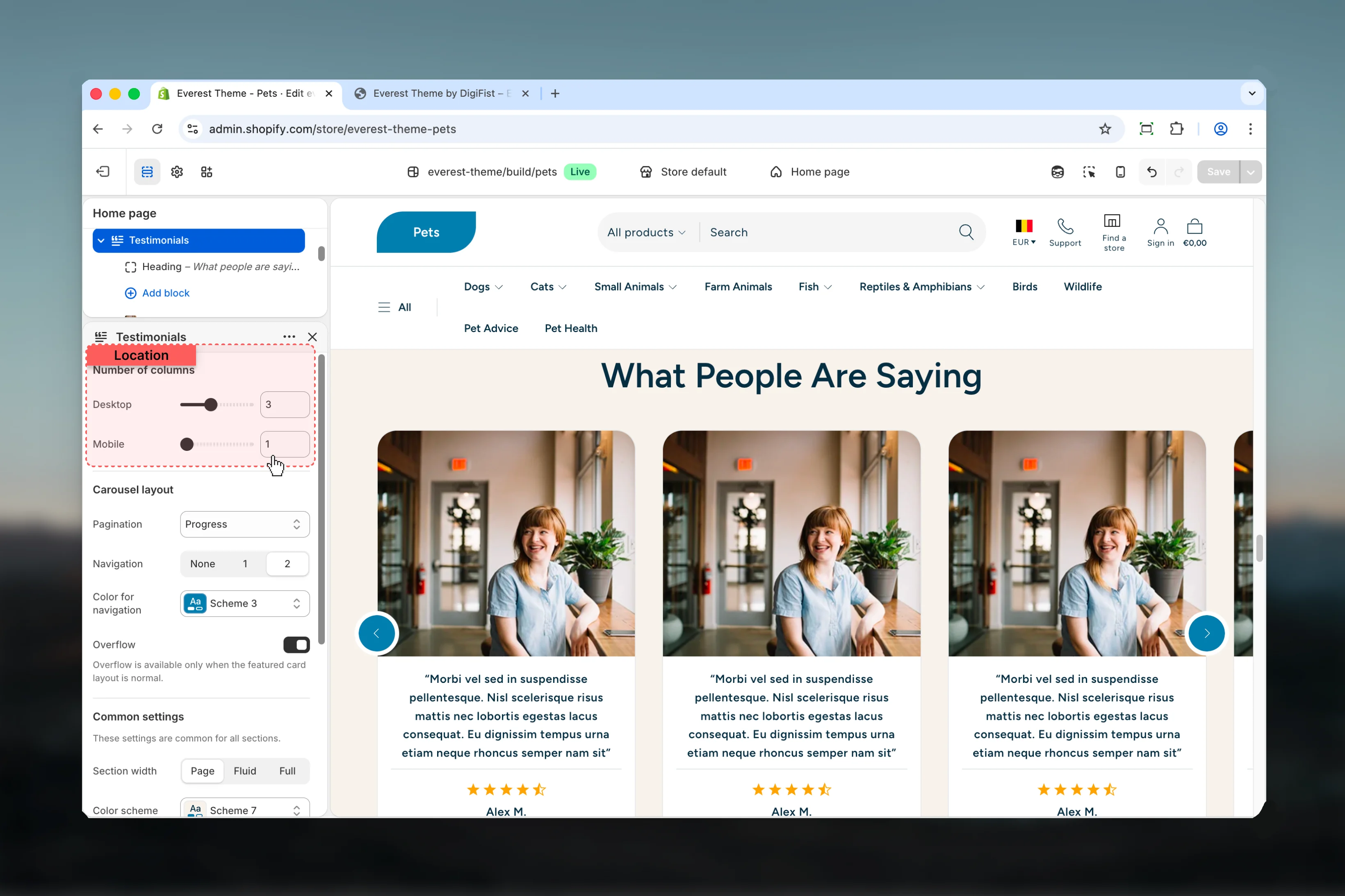 Testimonials Number of columns settings
