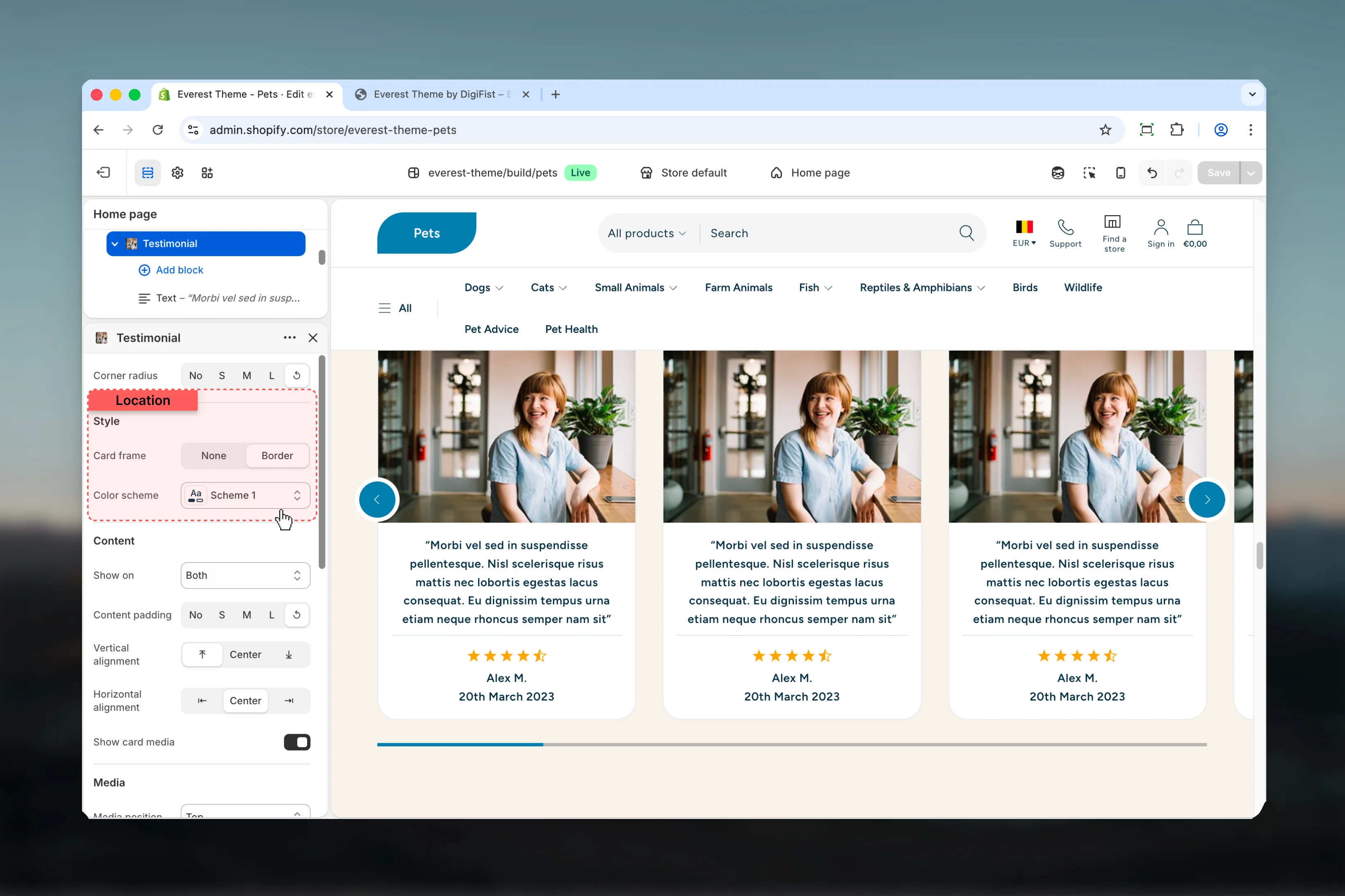 Testimonials Style settings