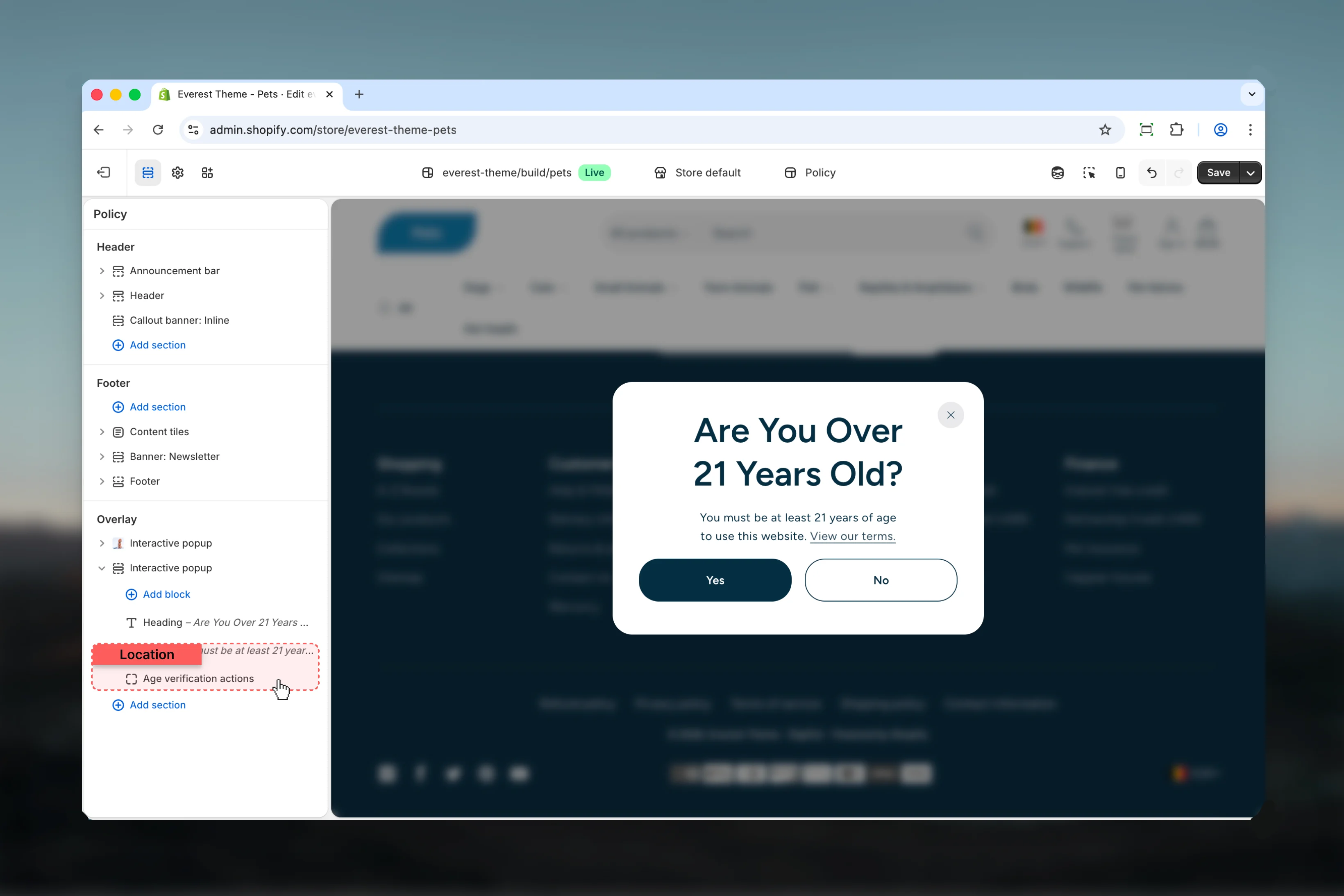 Interactive Popup Age Verification Actions settings