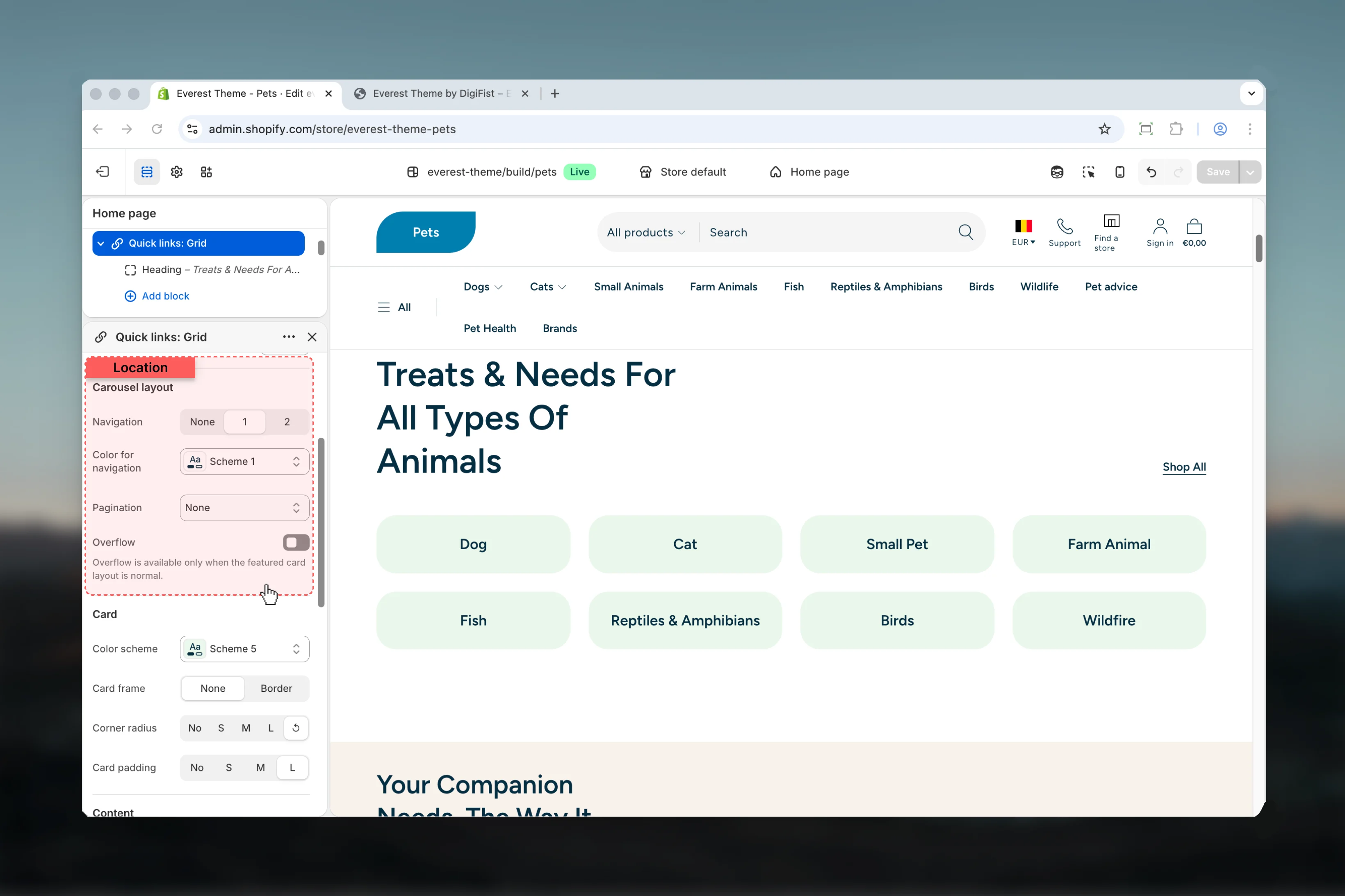 Quick Links Carousel layout settings
