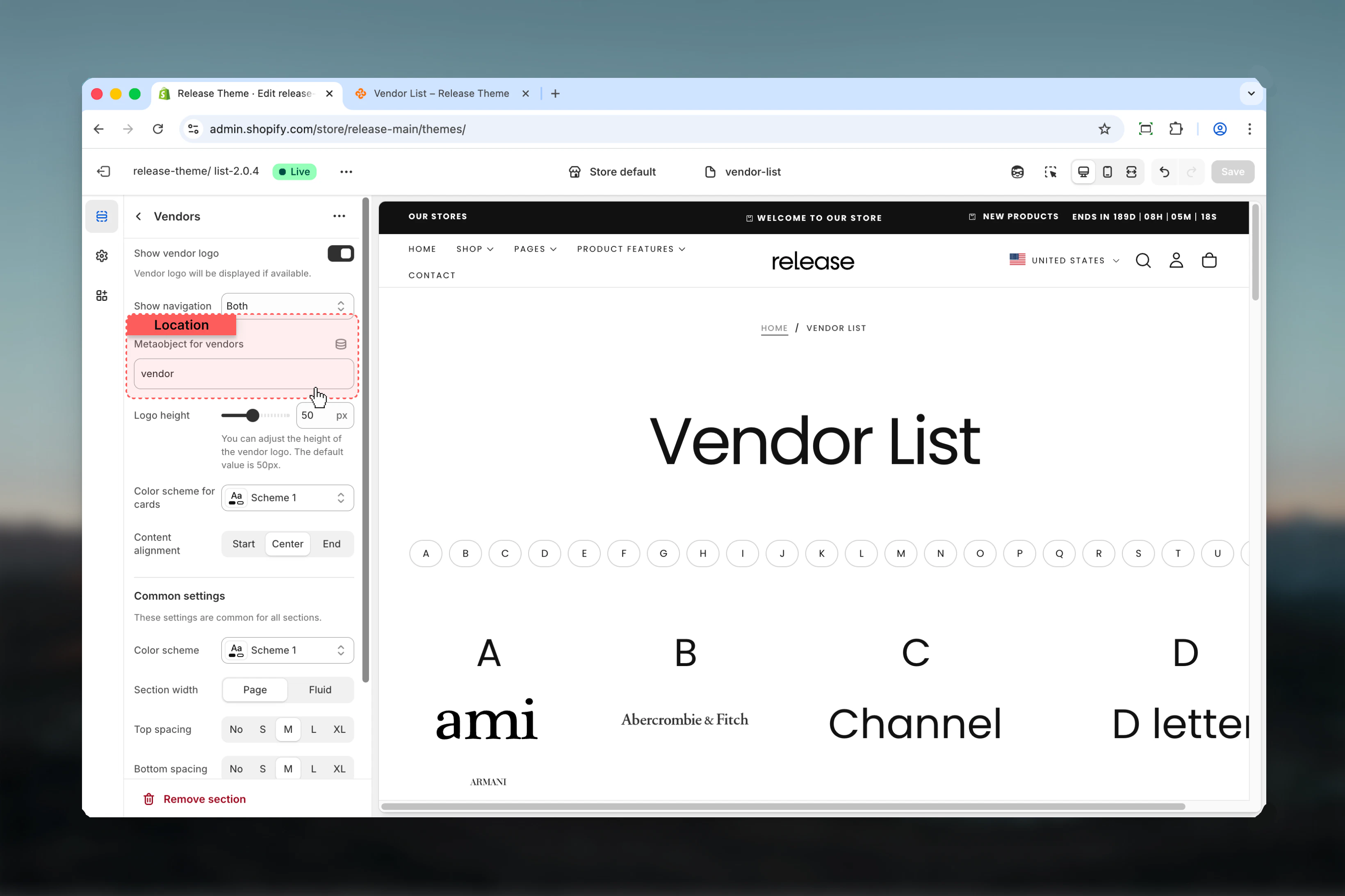 Metaobject setup for vendors