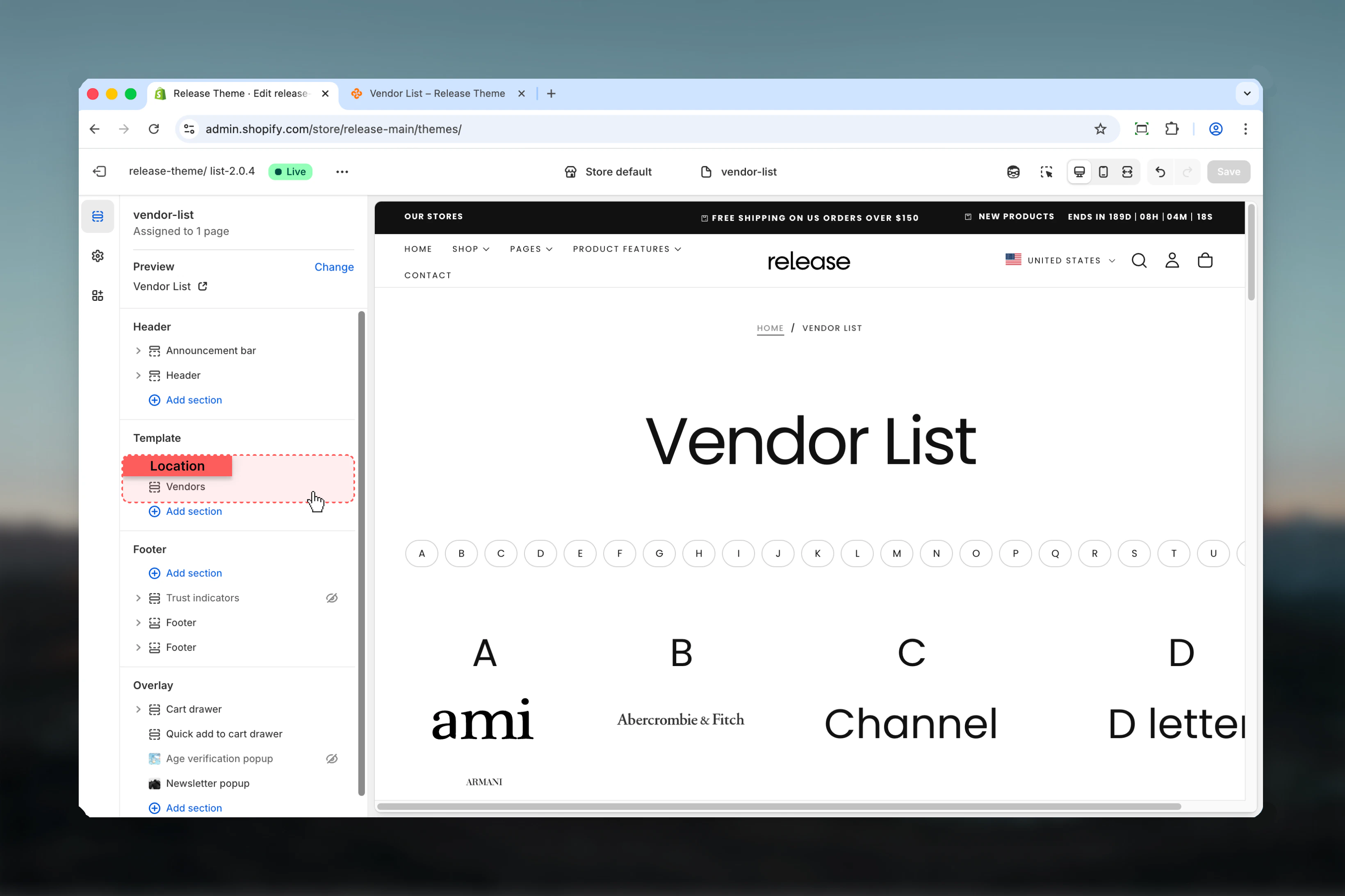 Vendors section in Theme Customizer