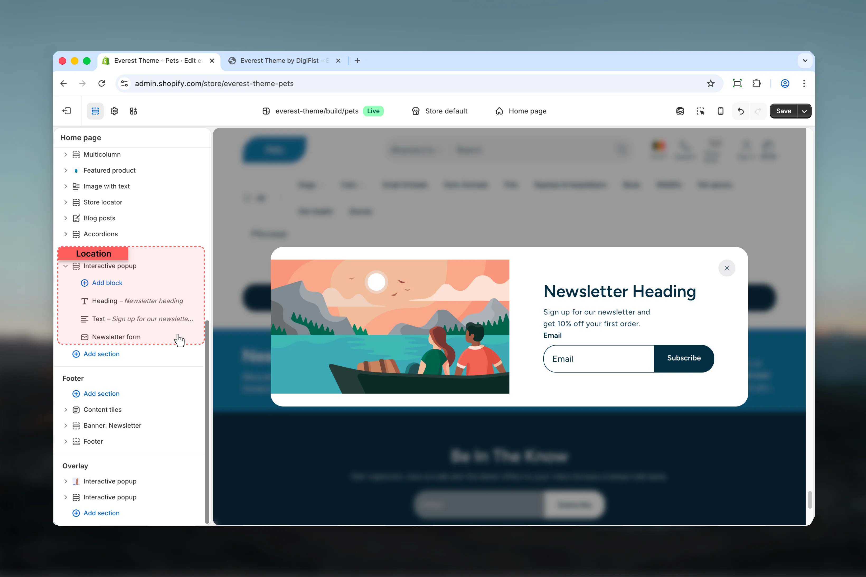 Interactive Popup location in Theme Customizer