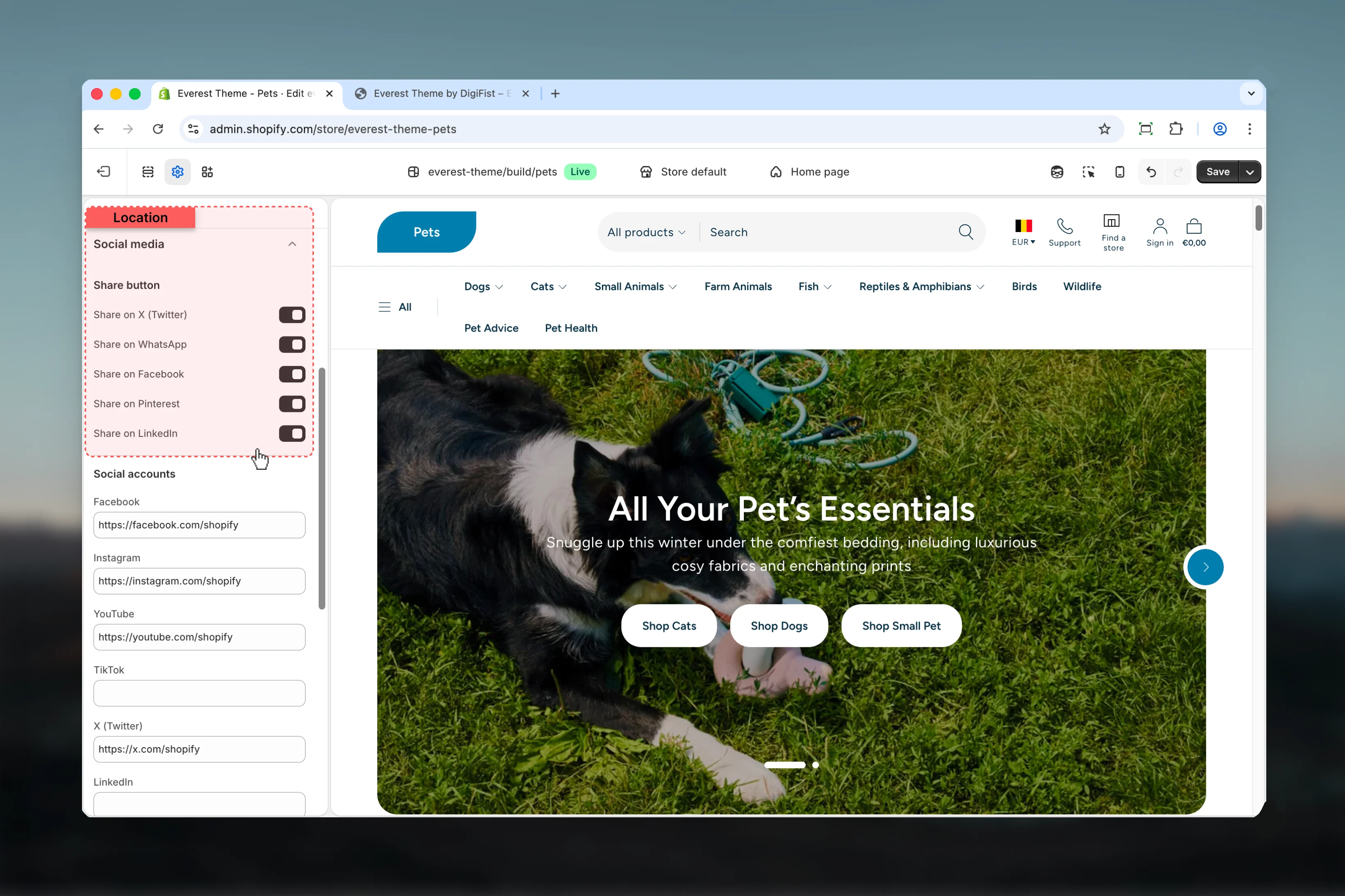 Share button settings in Everest Social Media