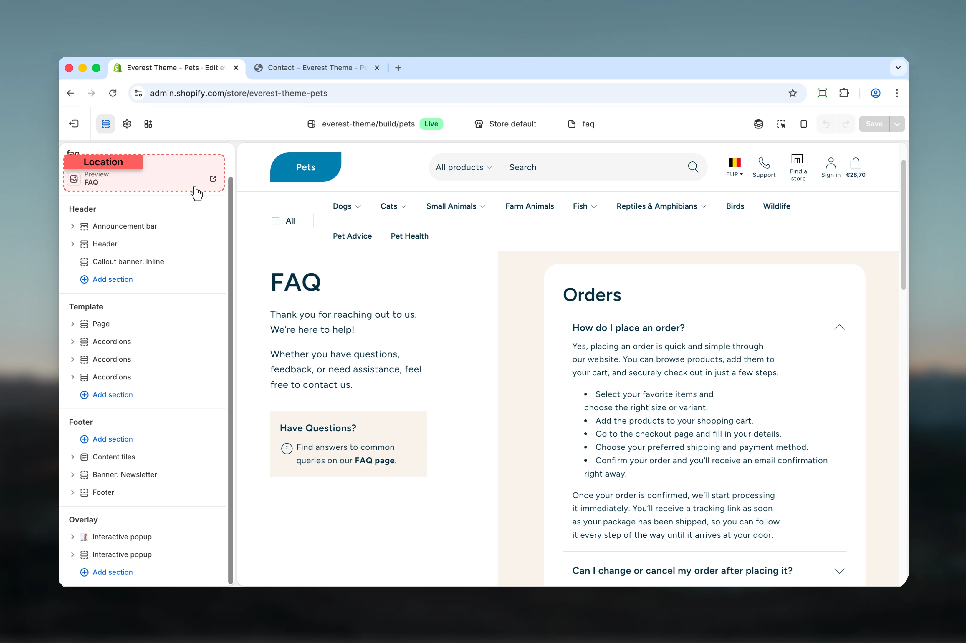 FAQ location in Theme Customizer