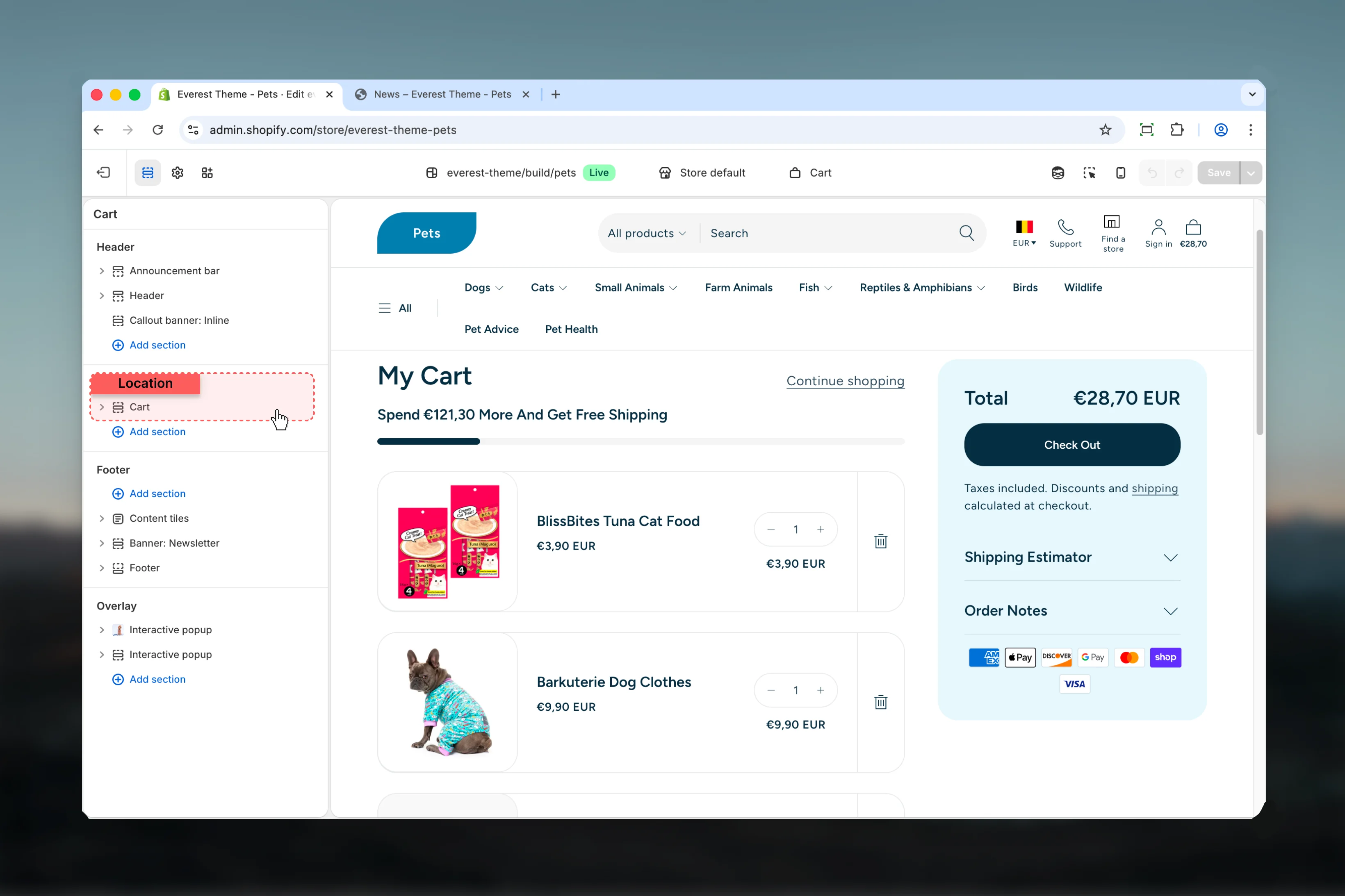 Cart location in Theme Customizer