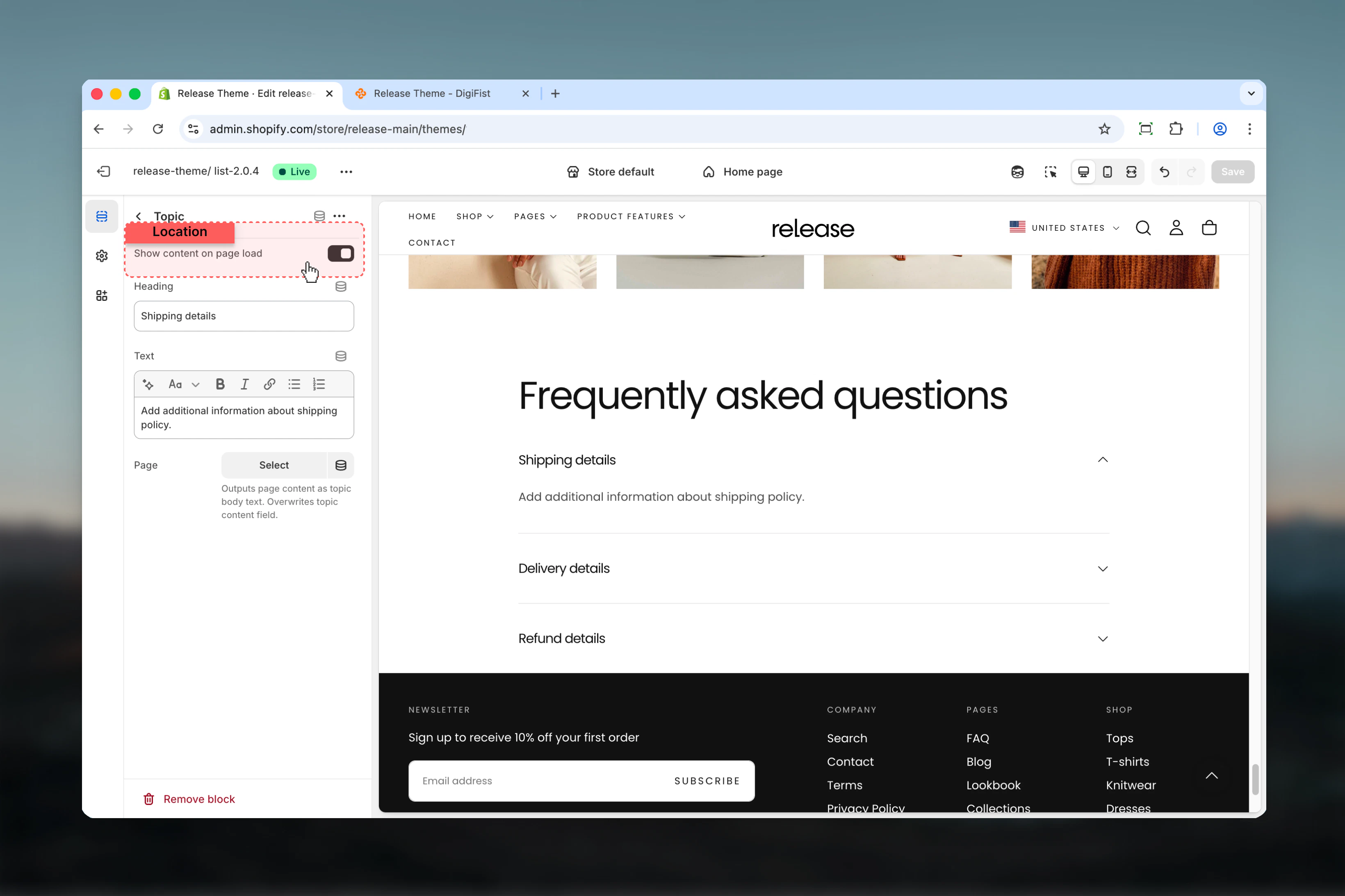Show content on page load setting
