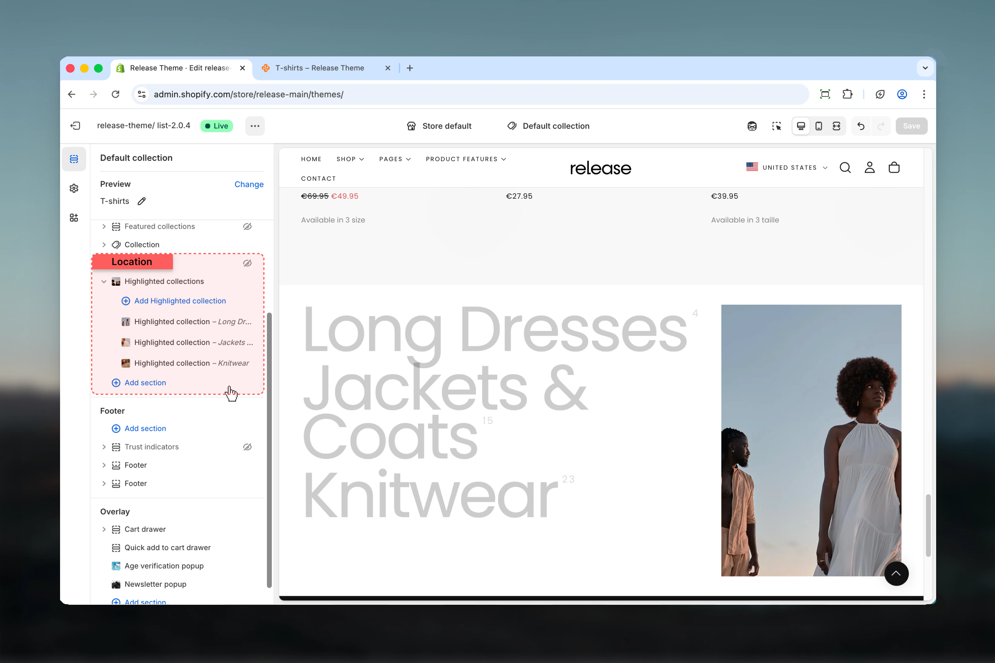 Highlighted Collections section in Theme Customizer