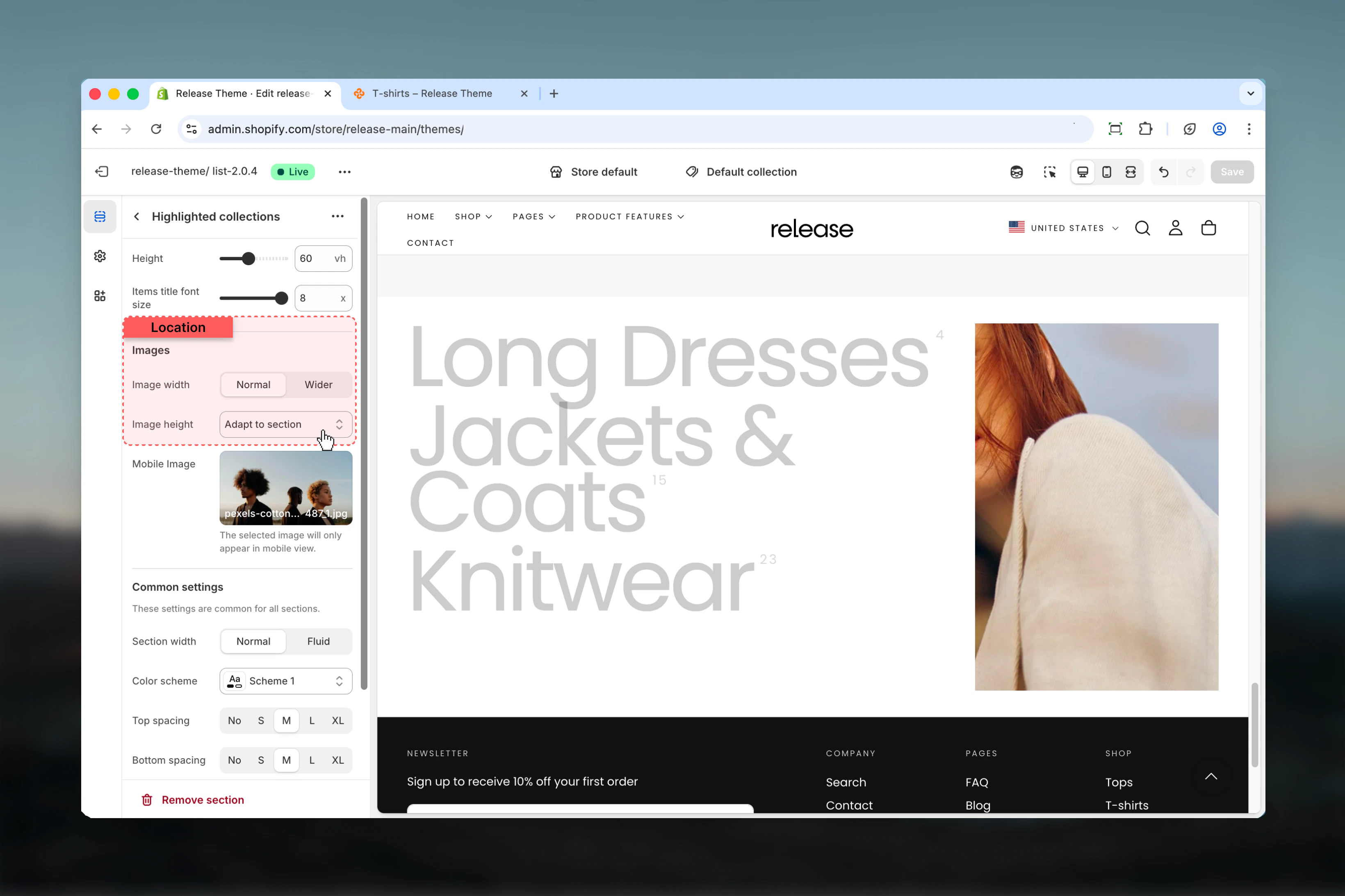 Image width and height settings