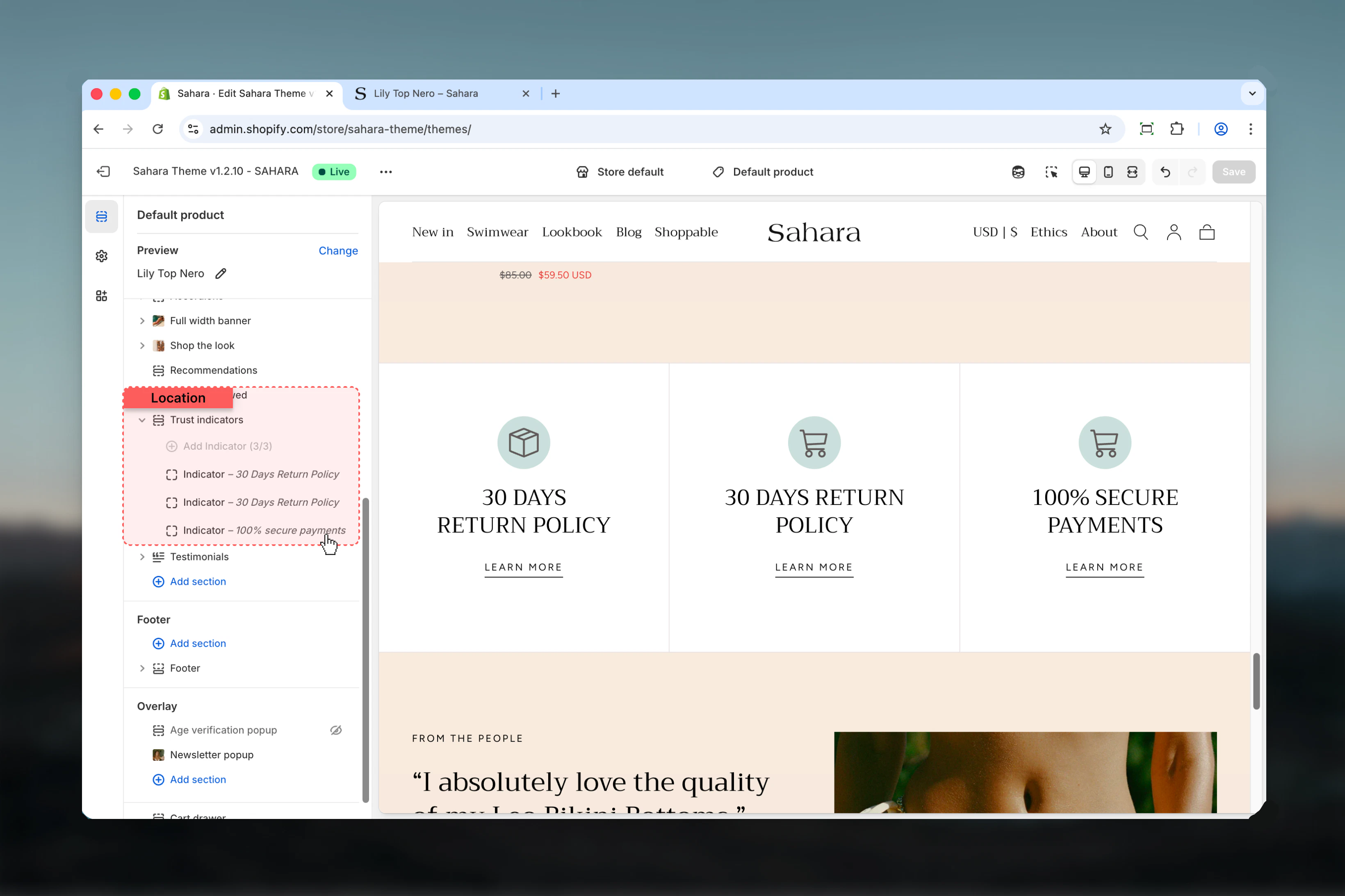 Trust indicators section in Theme Customizer