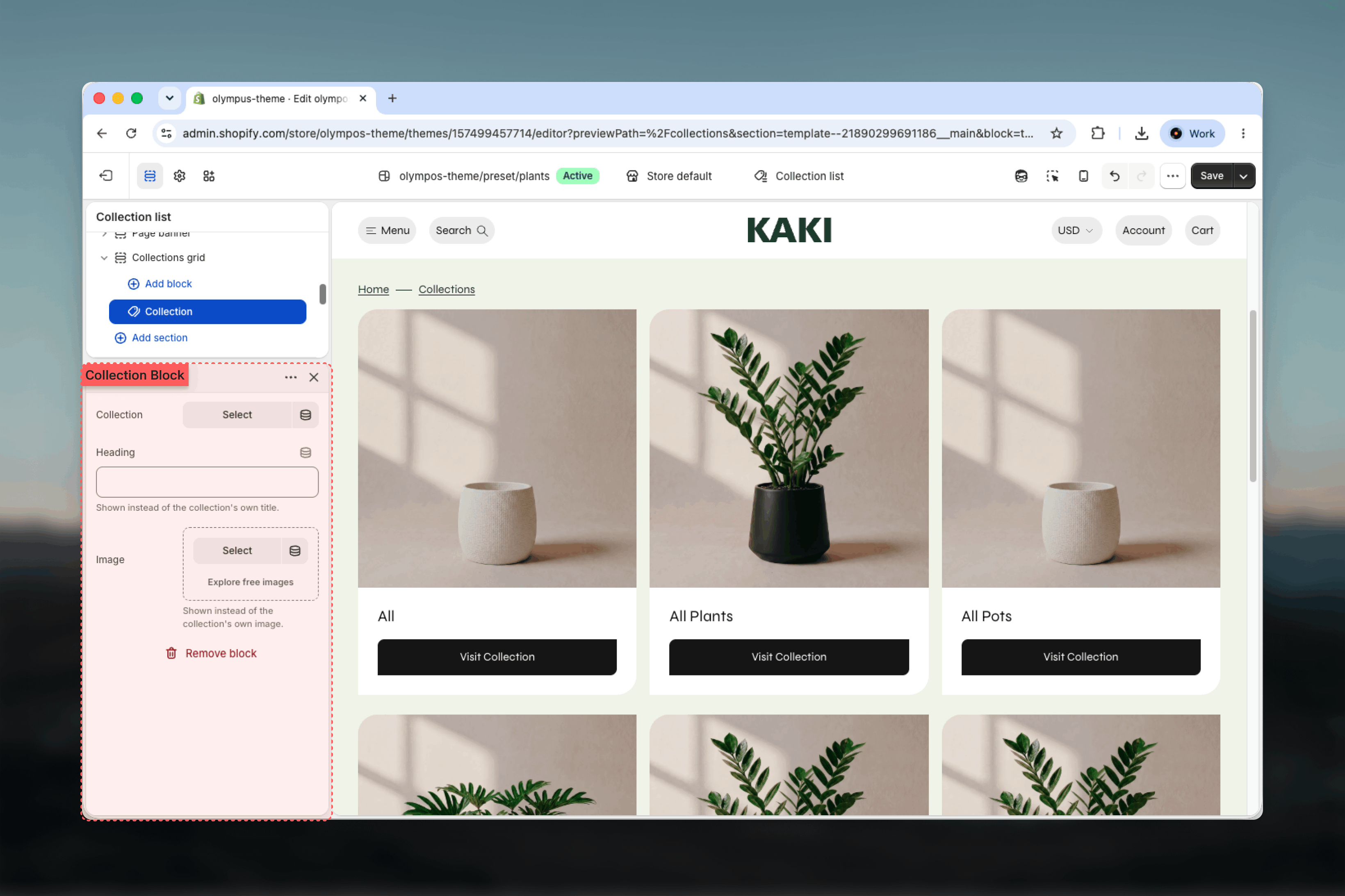 Collection block settings: collection, heading and image