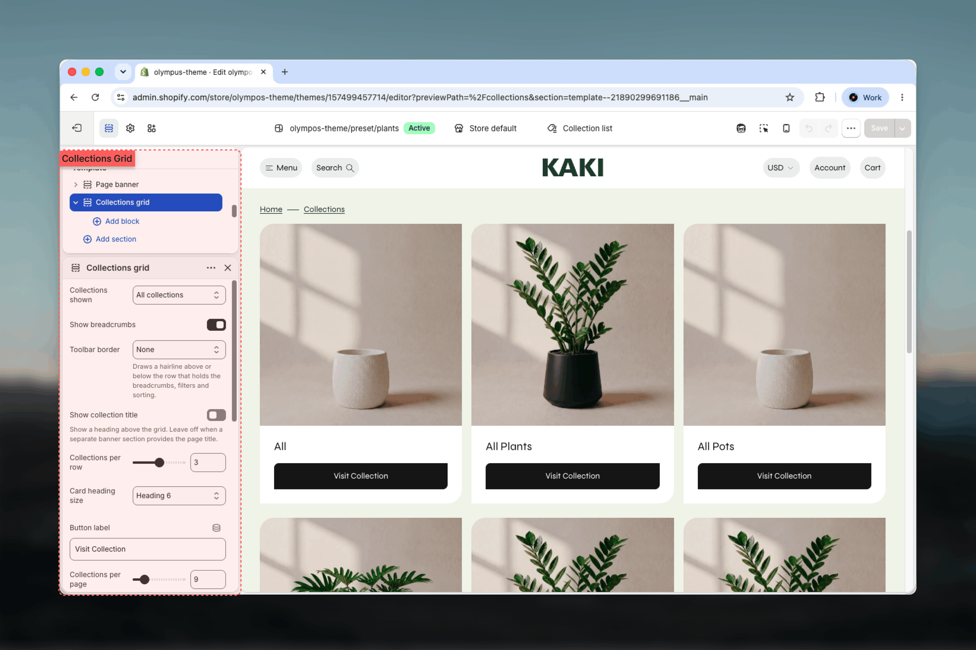 Collections grid section selected in the Theme Customizer
