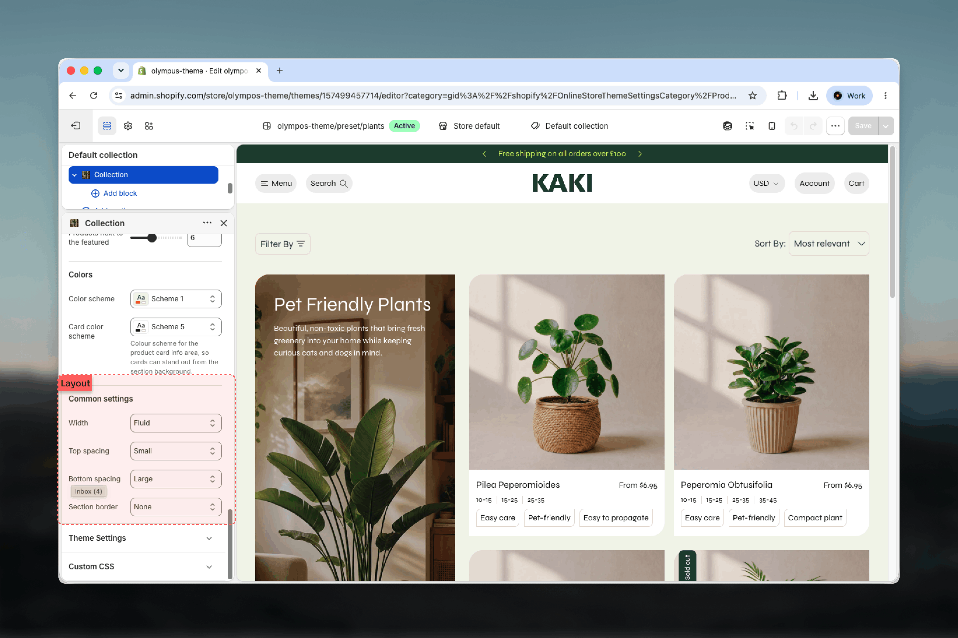 Color scheme, width, spacing and border settings