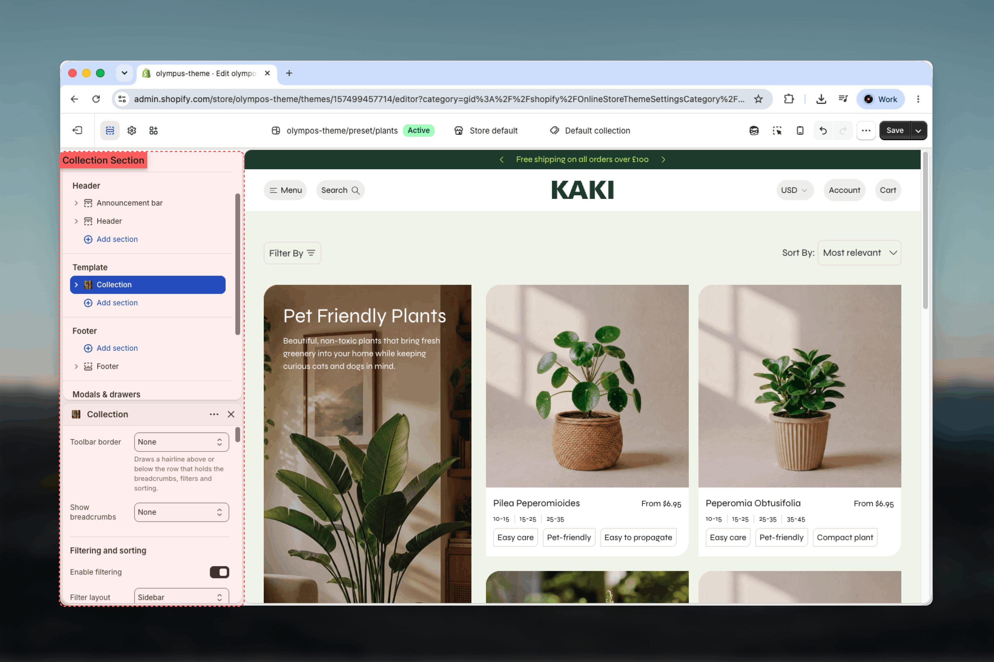 Collection section selected in the Theme Customizer