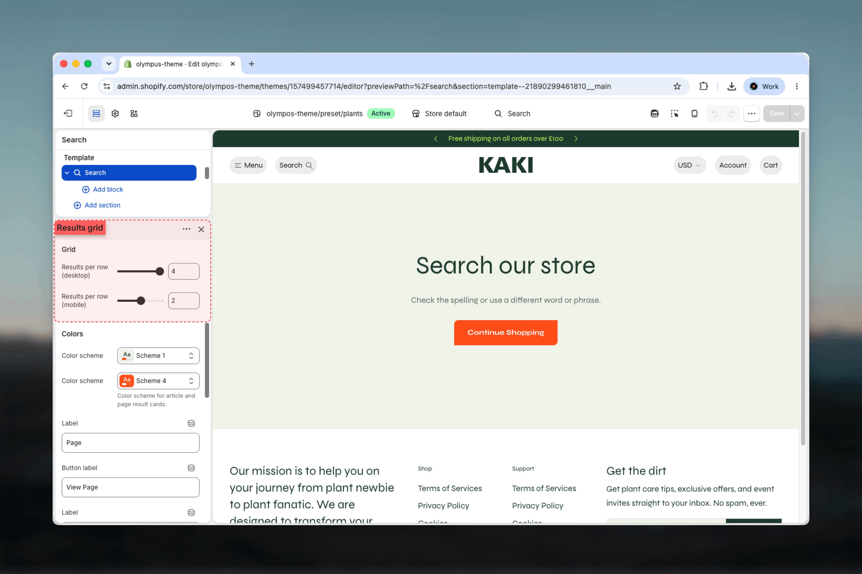Results per page, columns and content result settings