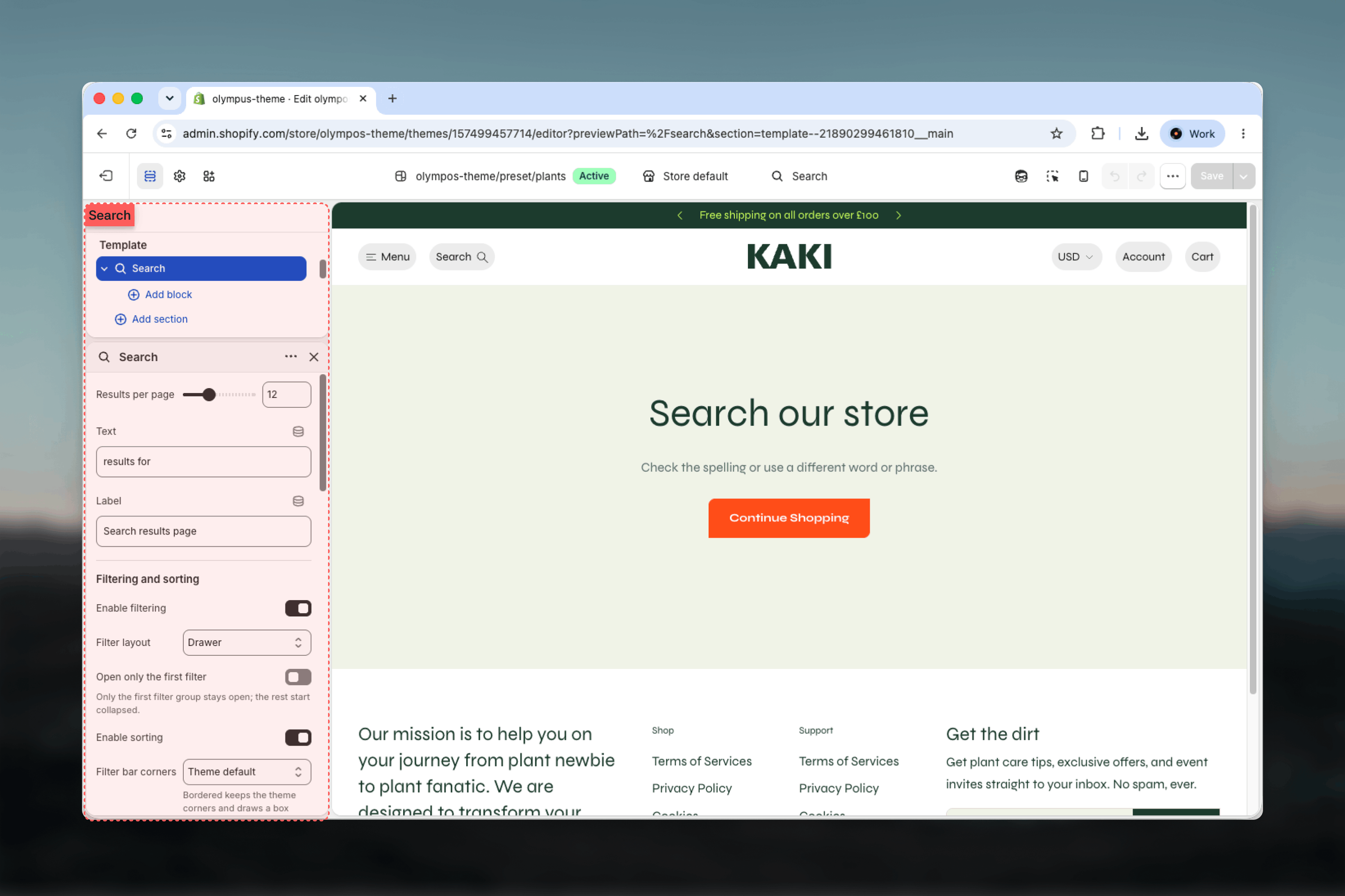 Search section selected in the Theme Customizer