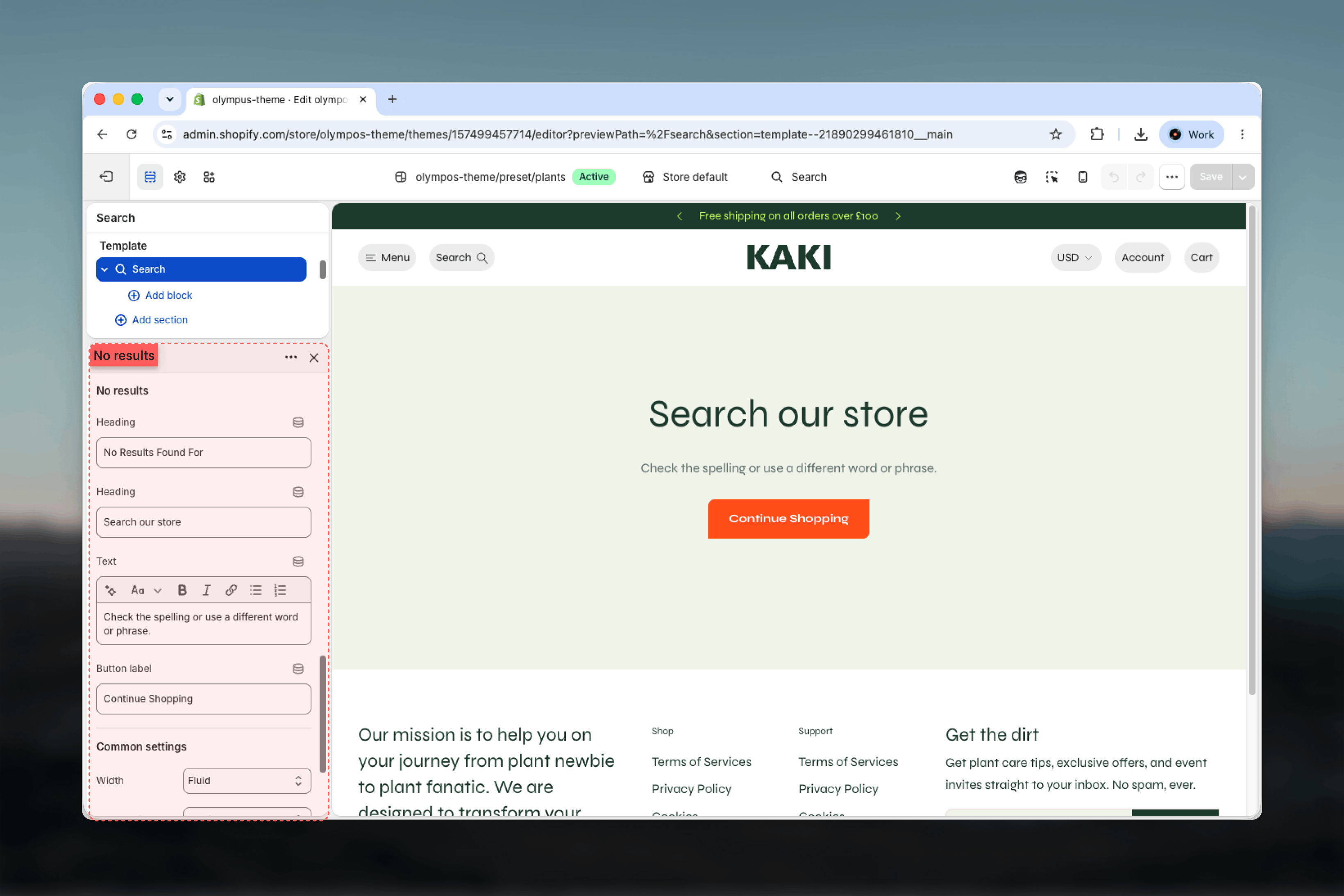 No results state with heading, text and Continue Shopping button