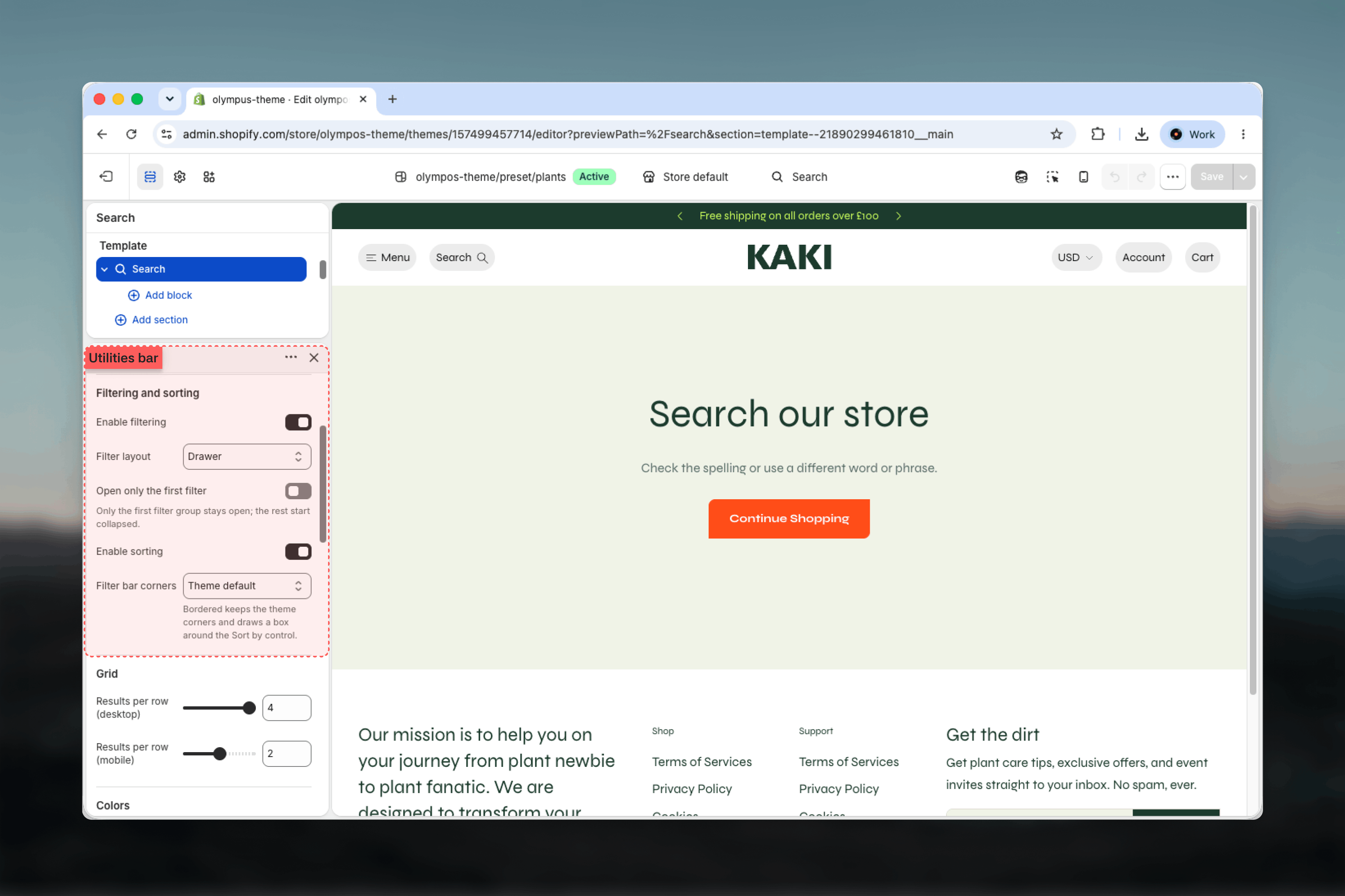 Result count, breadcrumb and filtering settings of the Search section