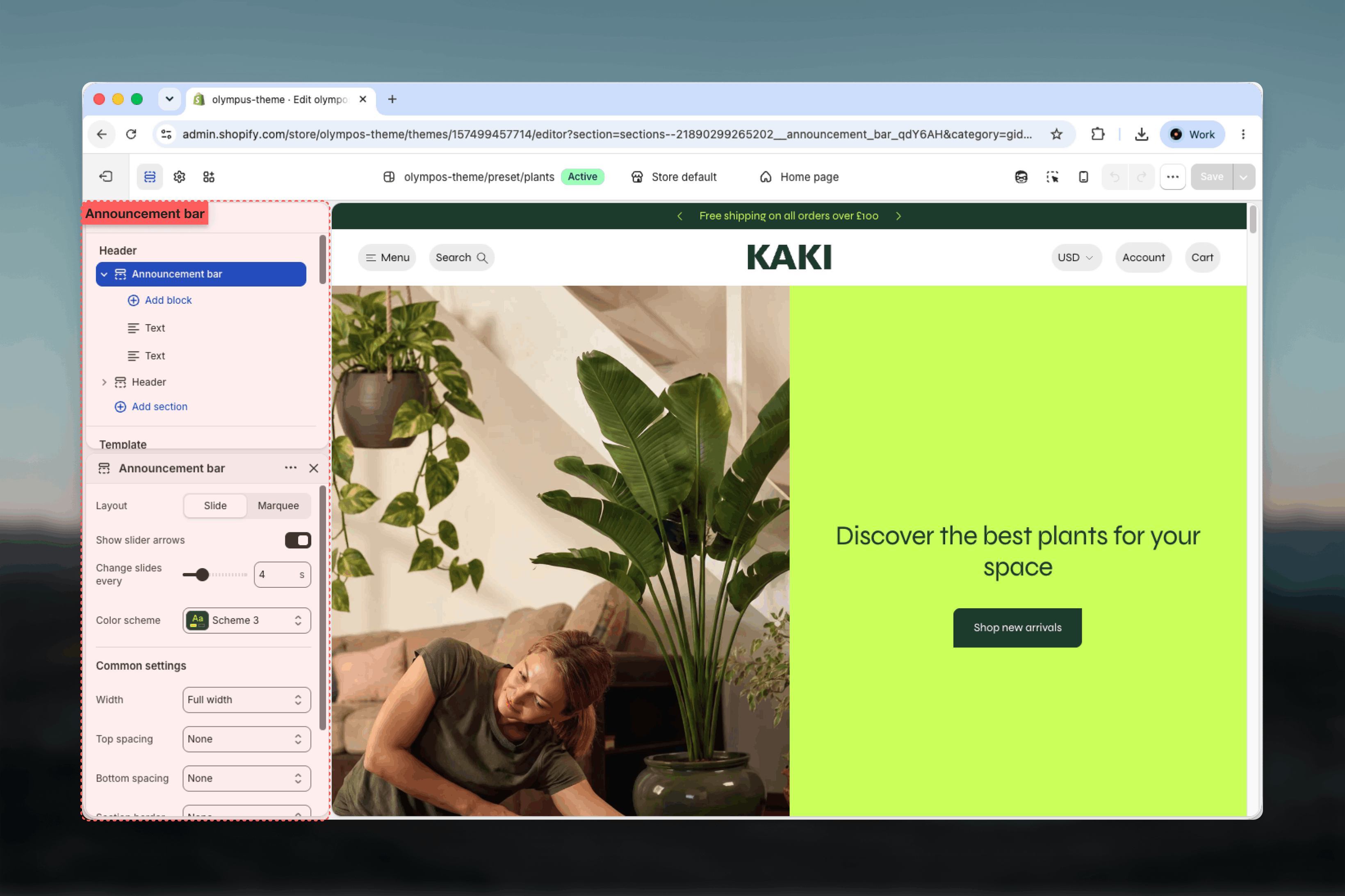 Announcement bar in the header group of the Theme Customizer