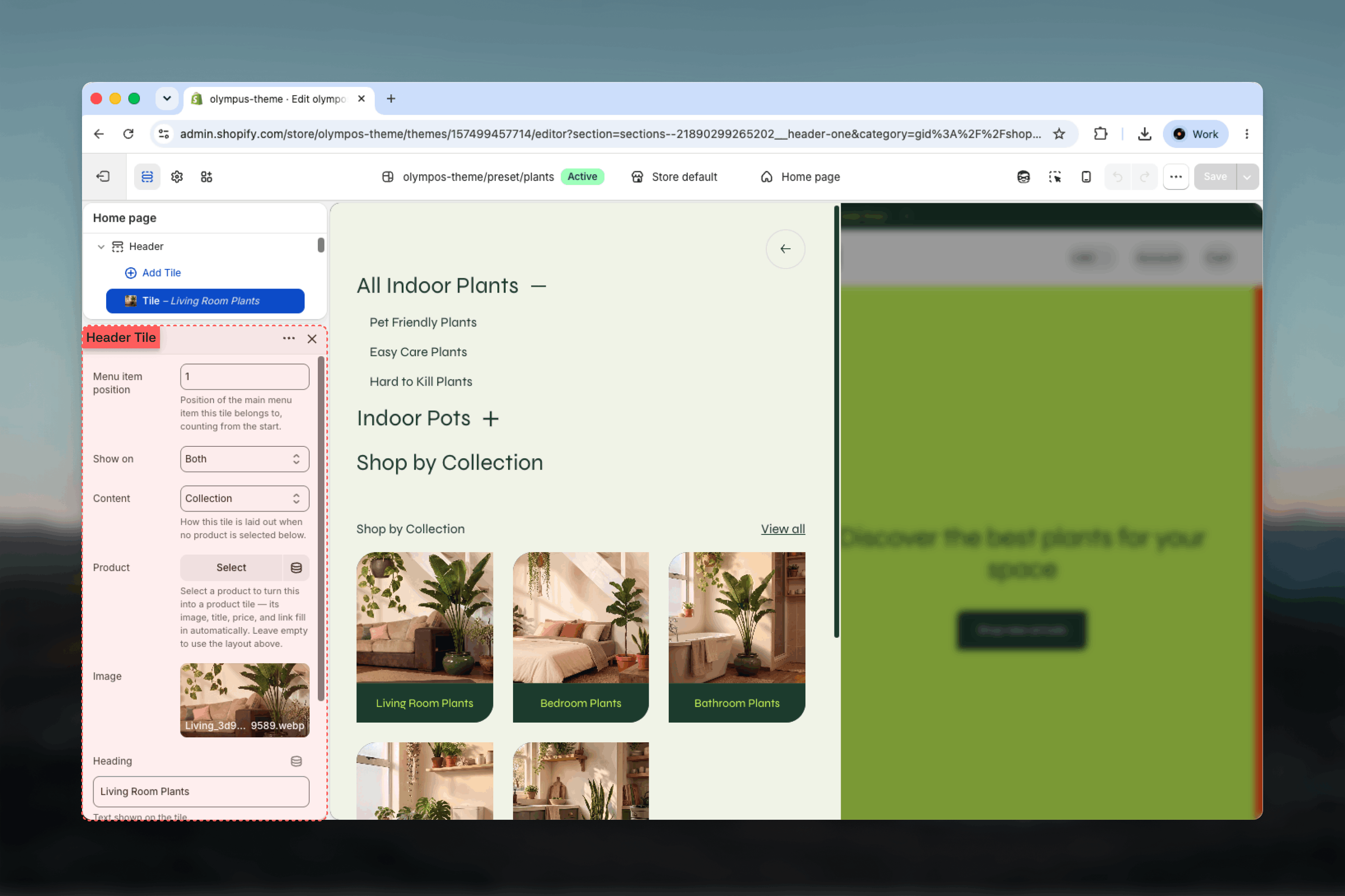 Tile block settings in the header
