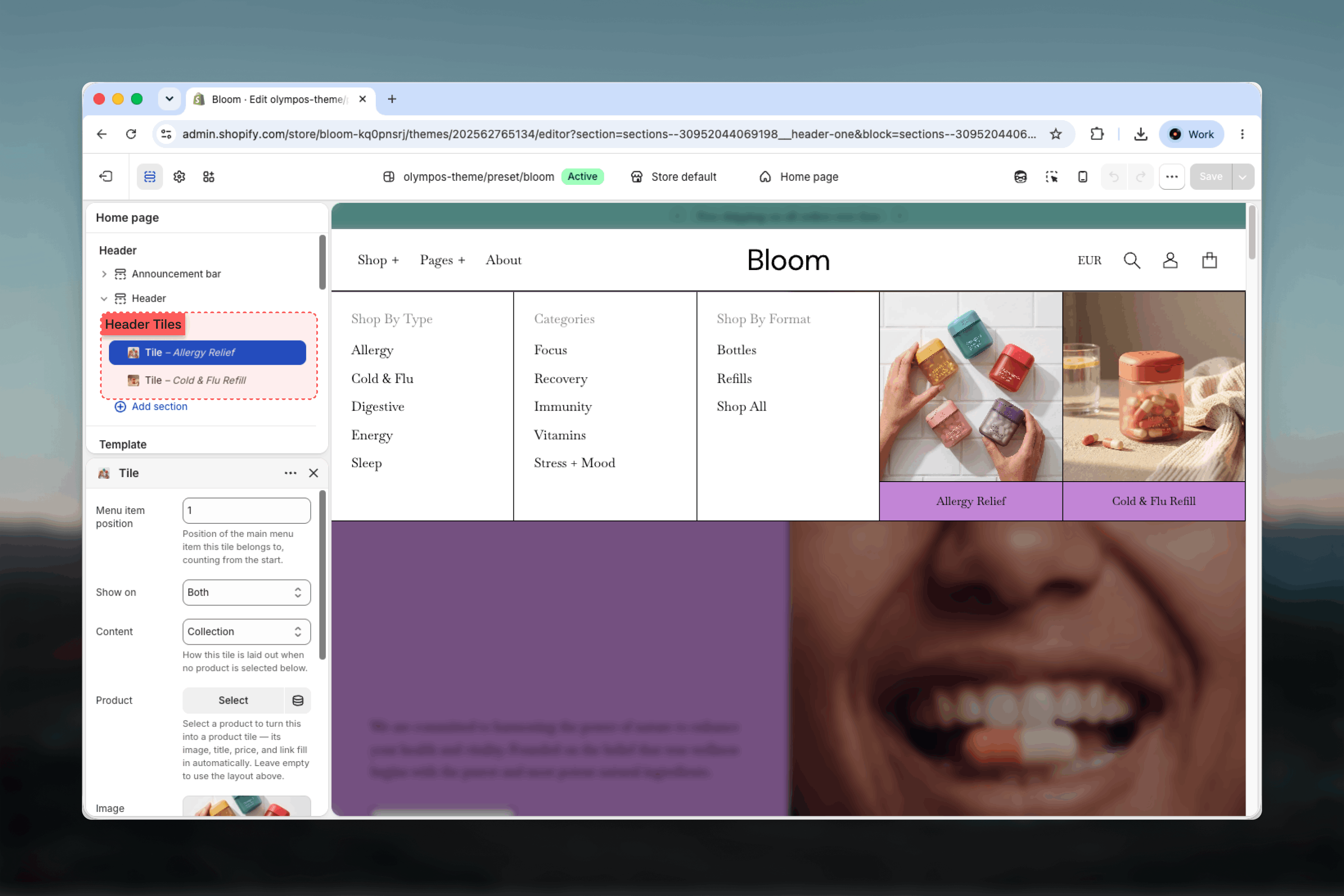 Tile blocks nested under the Header section in the Theme Customizer