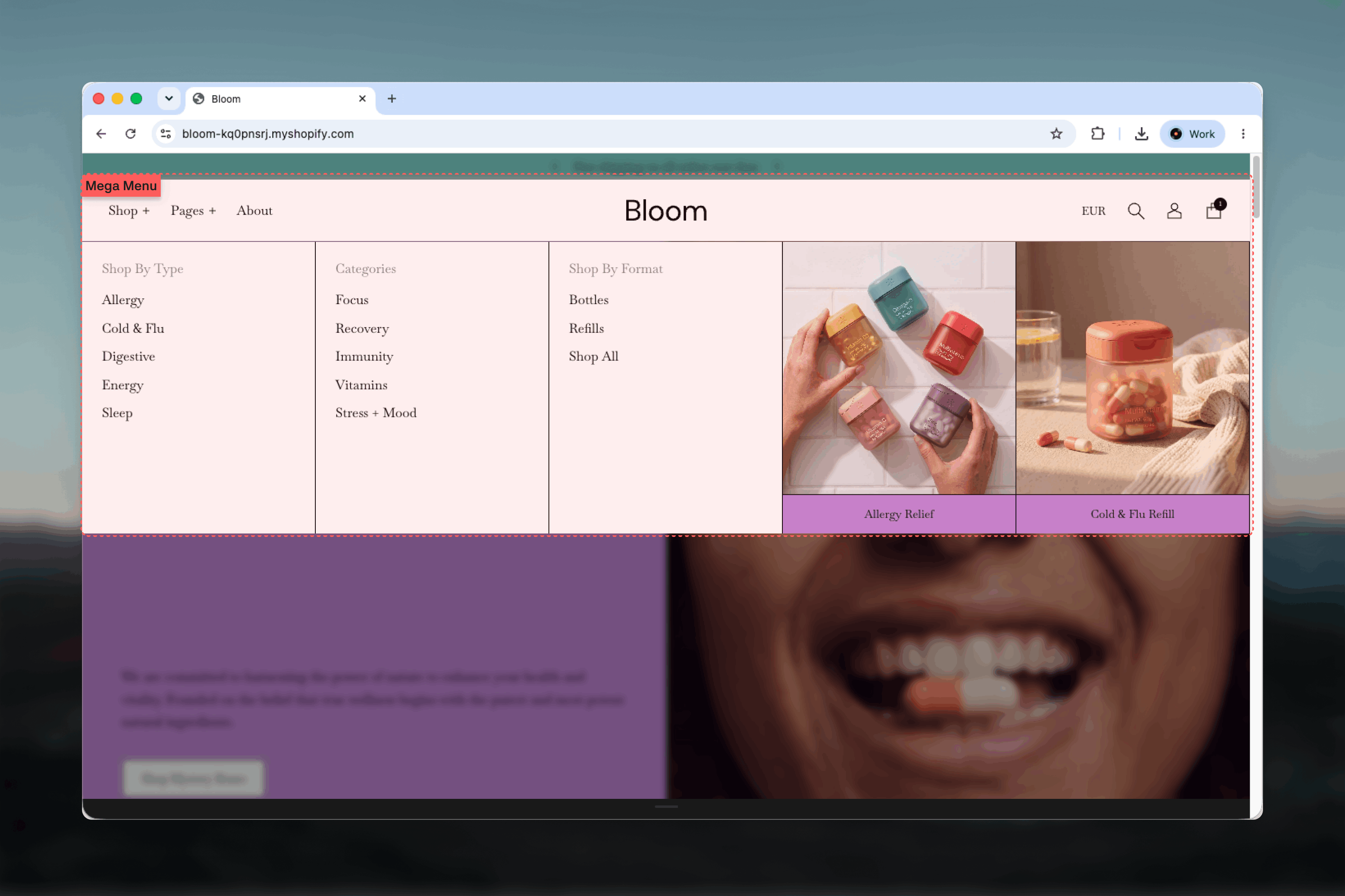 Mega menu open under a header item with link columns and two promotional tiles