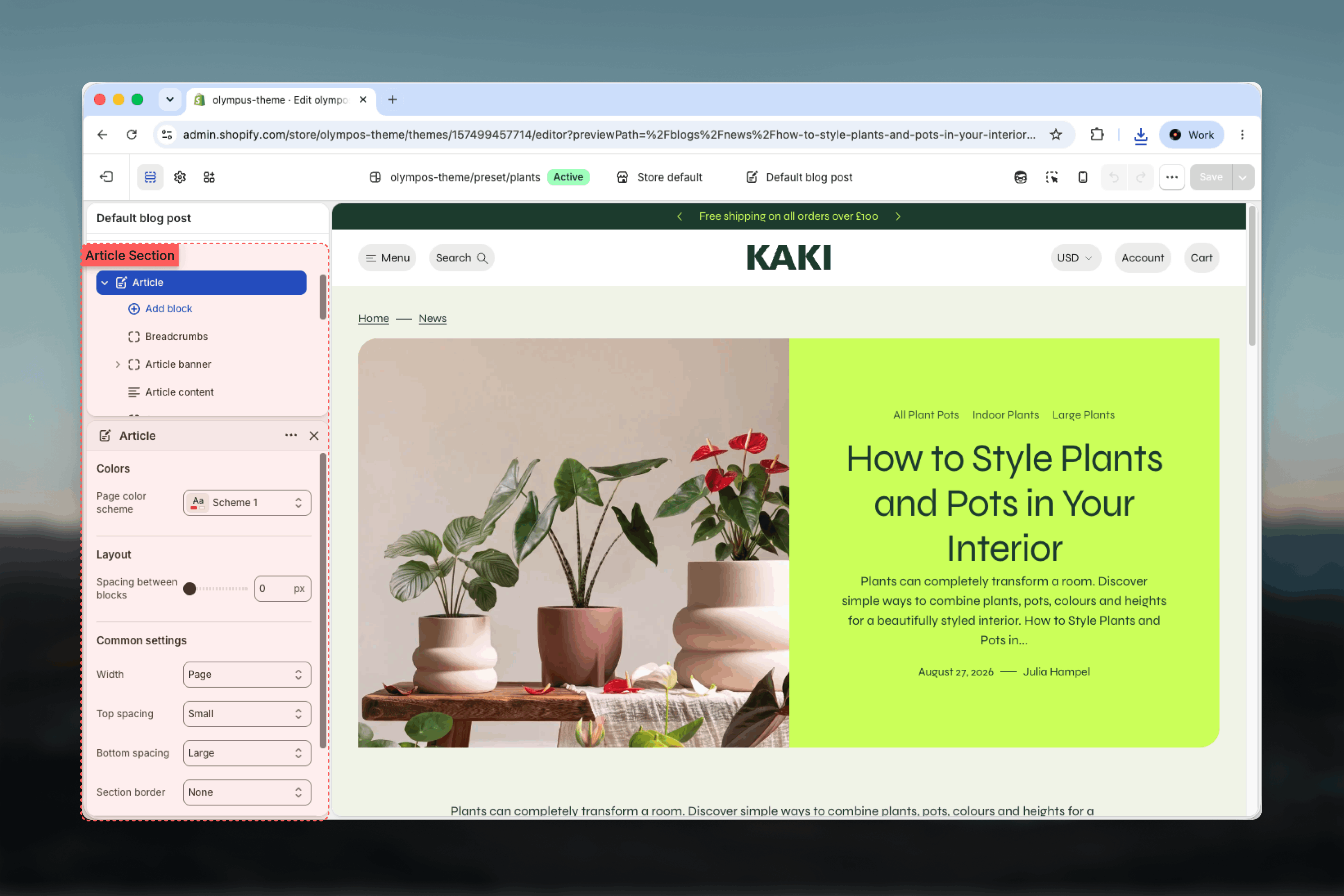 Article section and its blocks selected in the Theme Customizer sidebar