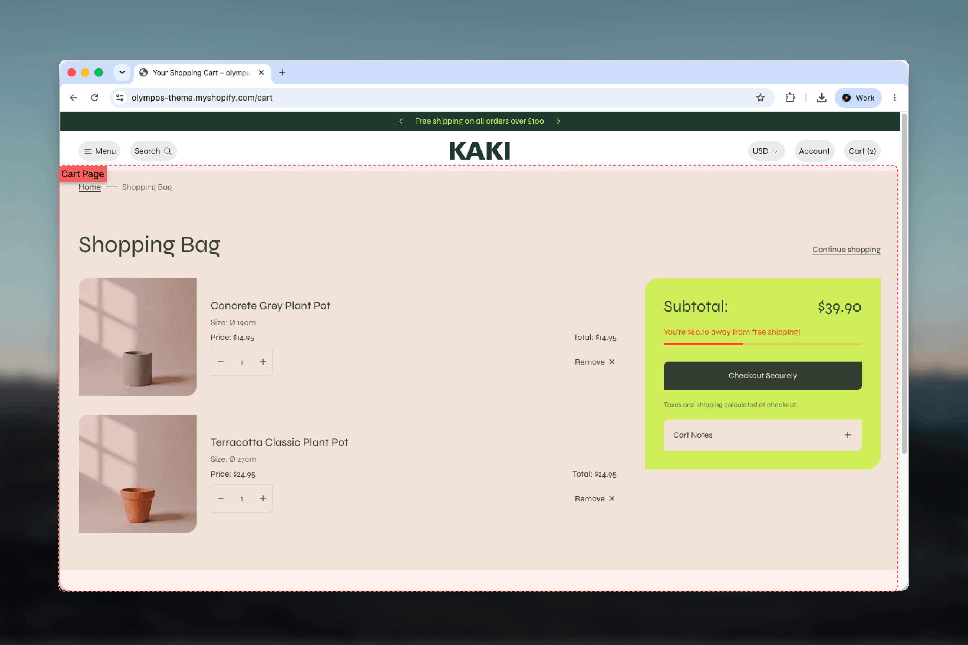 Cart page on the storefront with line items on the left and the order summary on the right