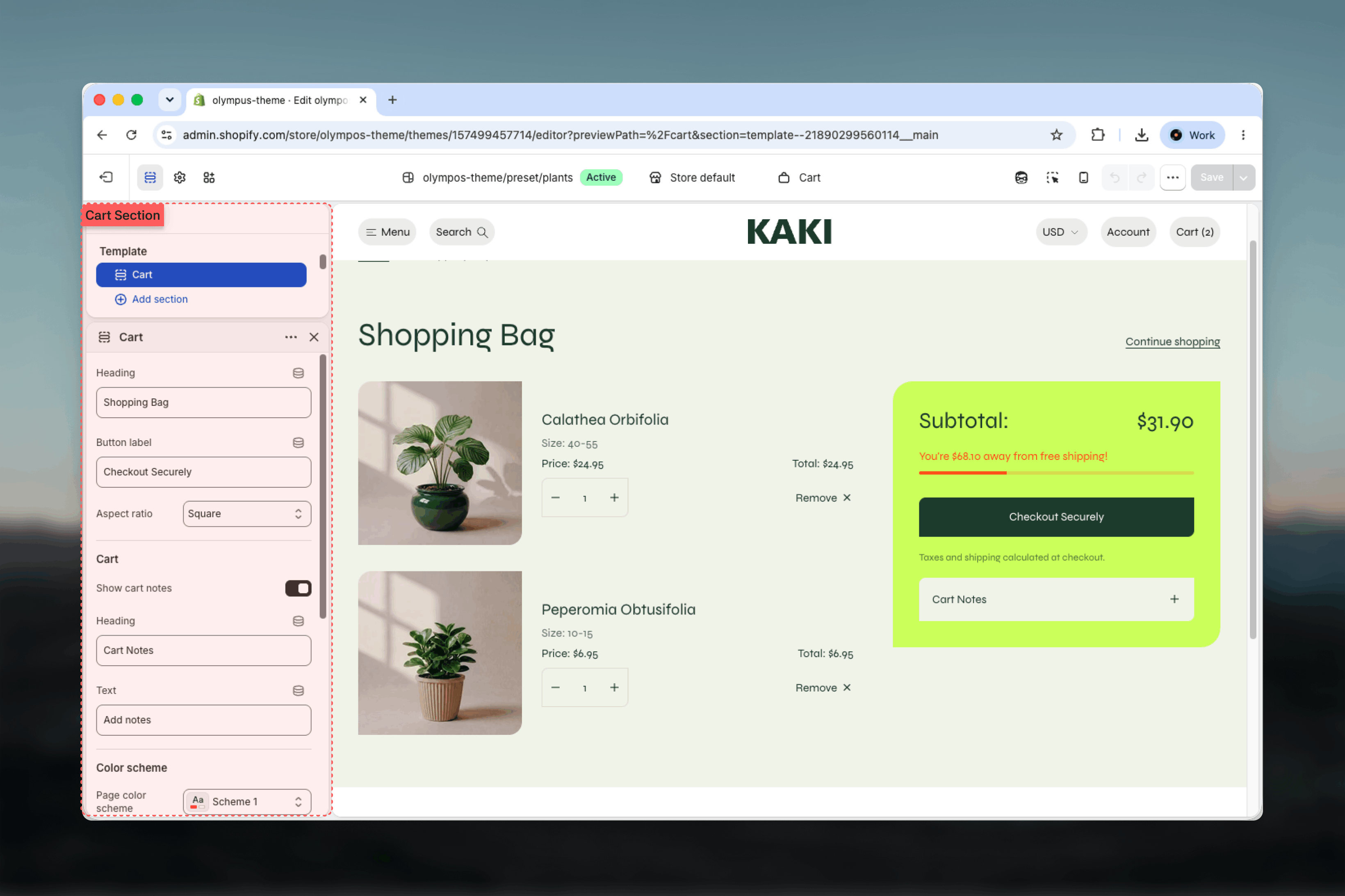 Cart section settings in the Theme Customizer