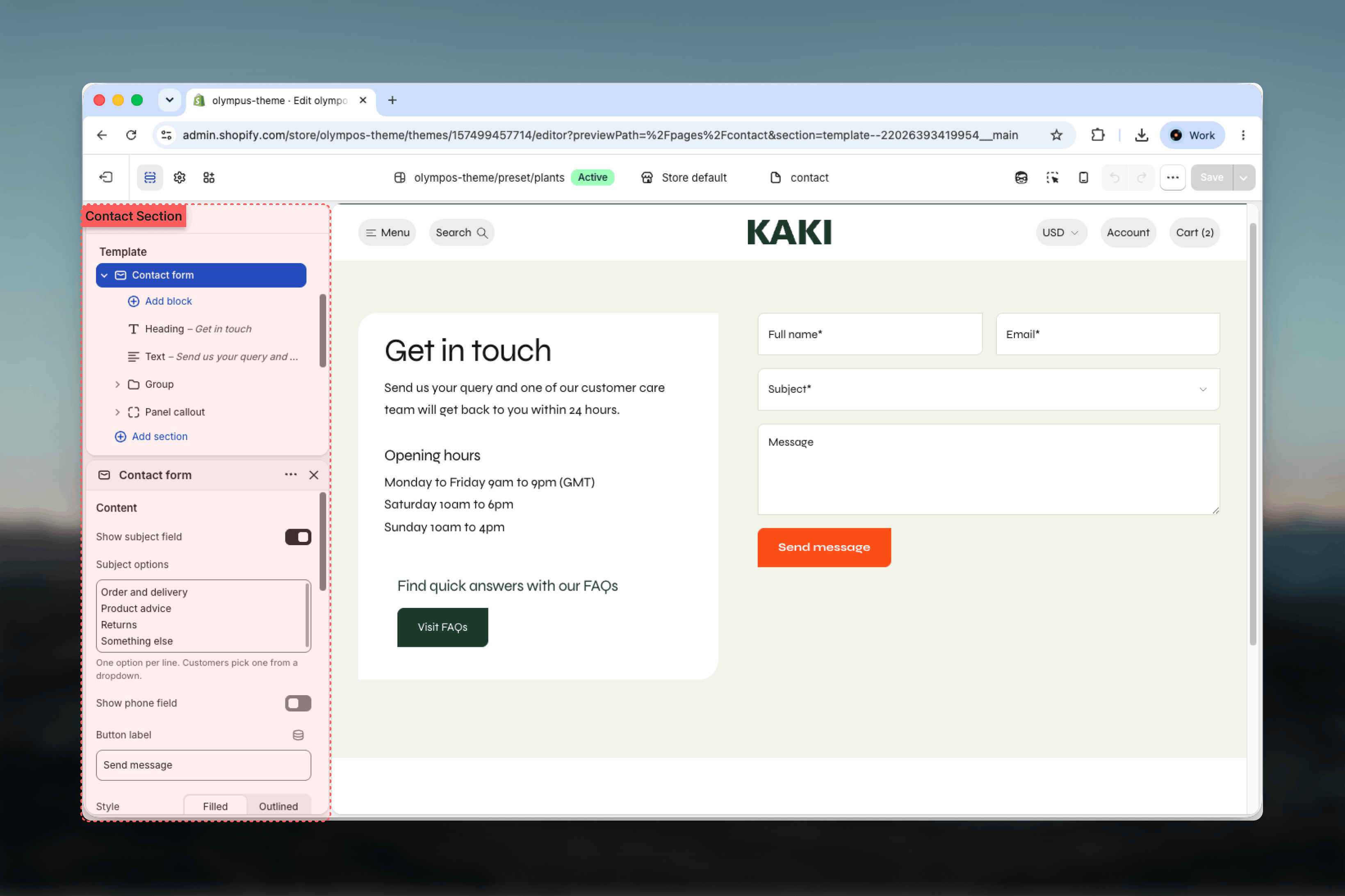 Contact form section and its blocks selected in the Theme Customizer sidebar