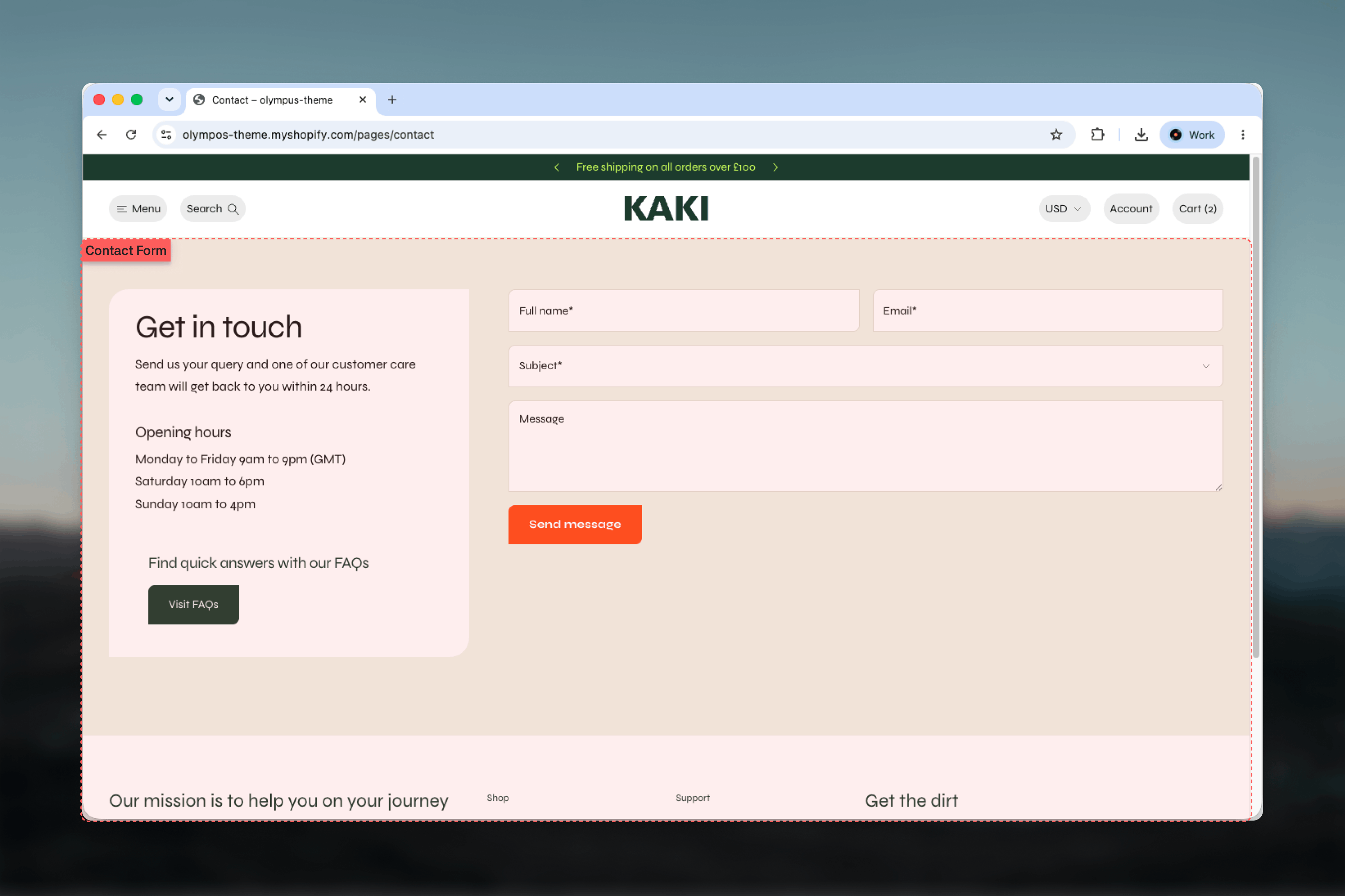 Contact page on the storefront with an information panel on the left and the contact form on the right