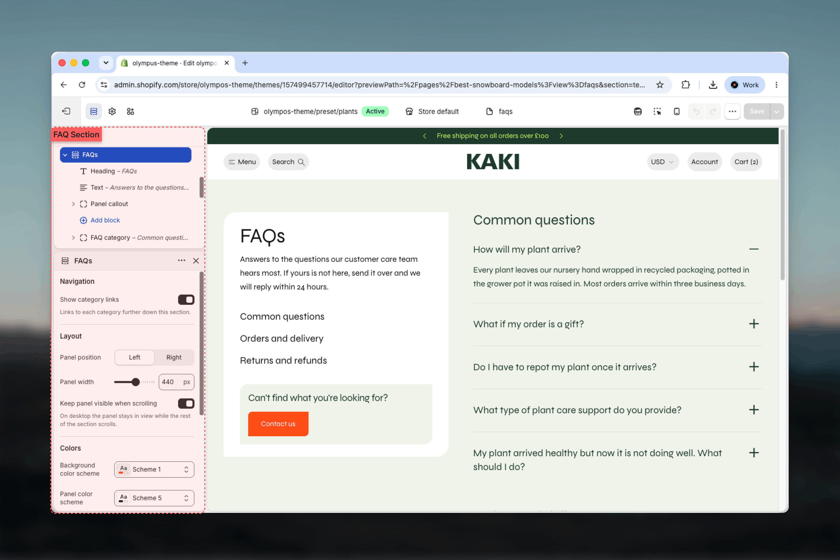 FAQs section with category and question blocks selected in the Theme Customizer sidebar