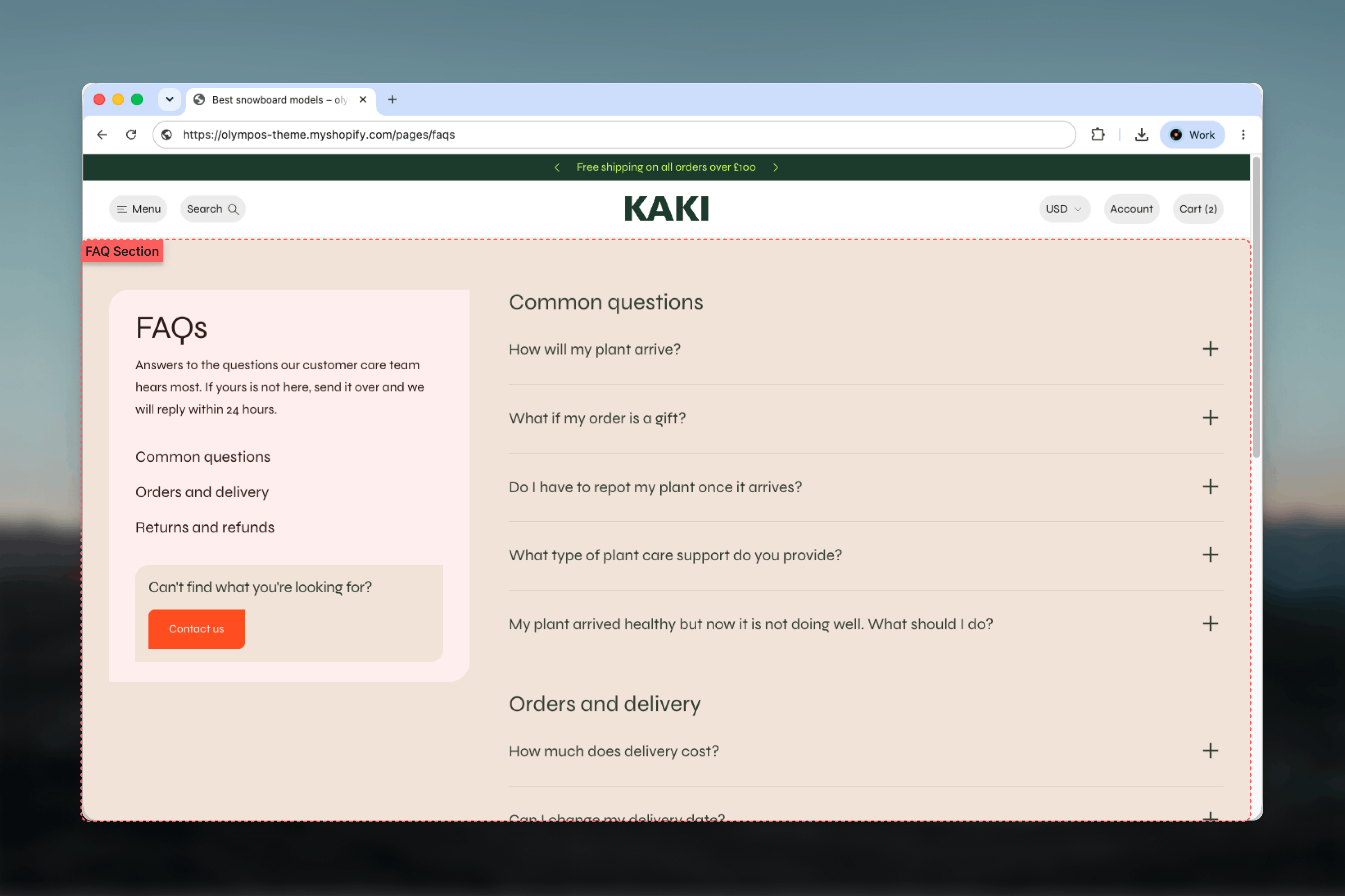 FAQ page on the storefront with a side panel of category links and accordion questions grouped by category