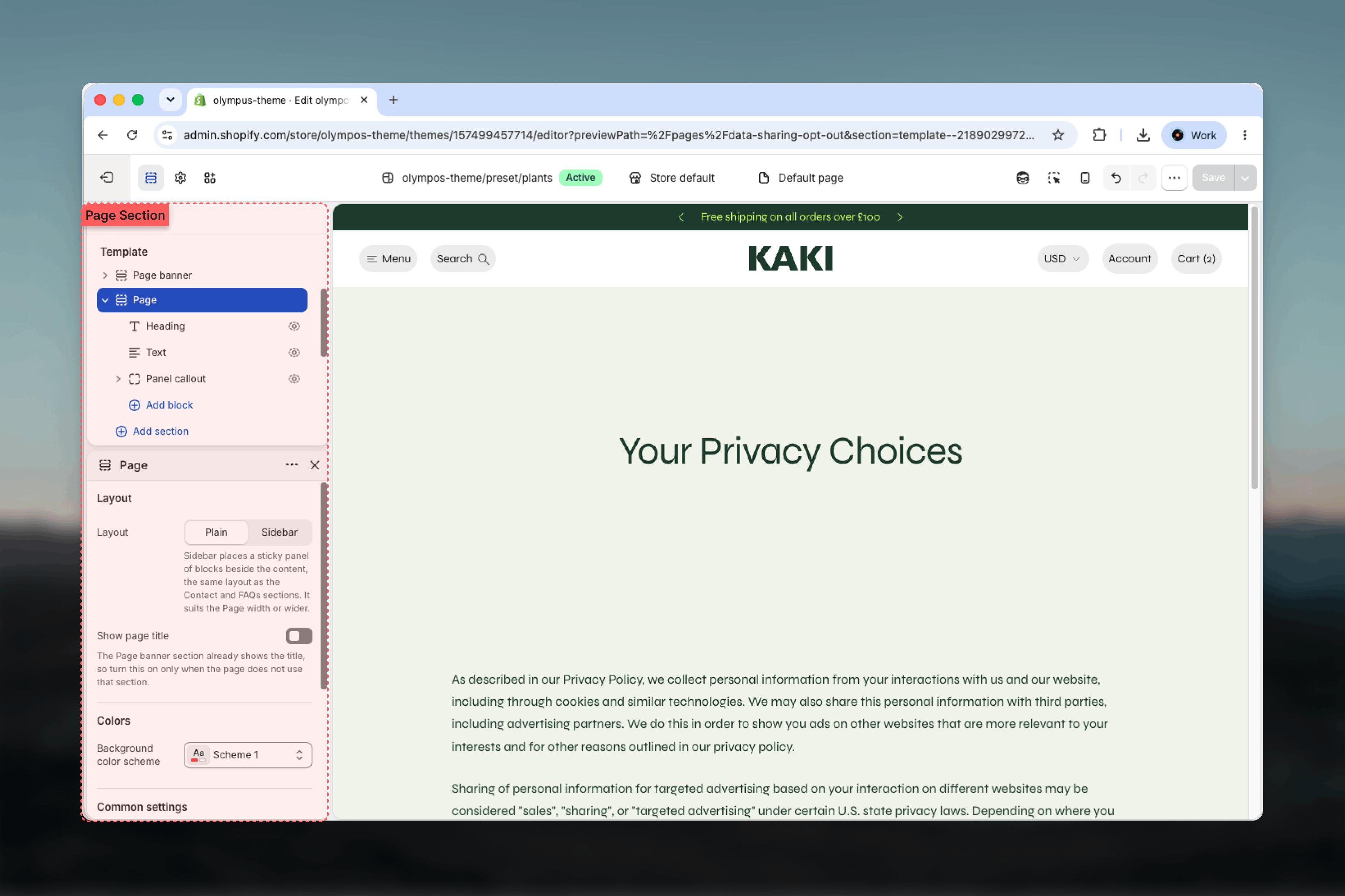 Page banner and Page sections selected in the Theme Customizer sidebar