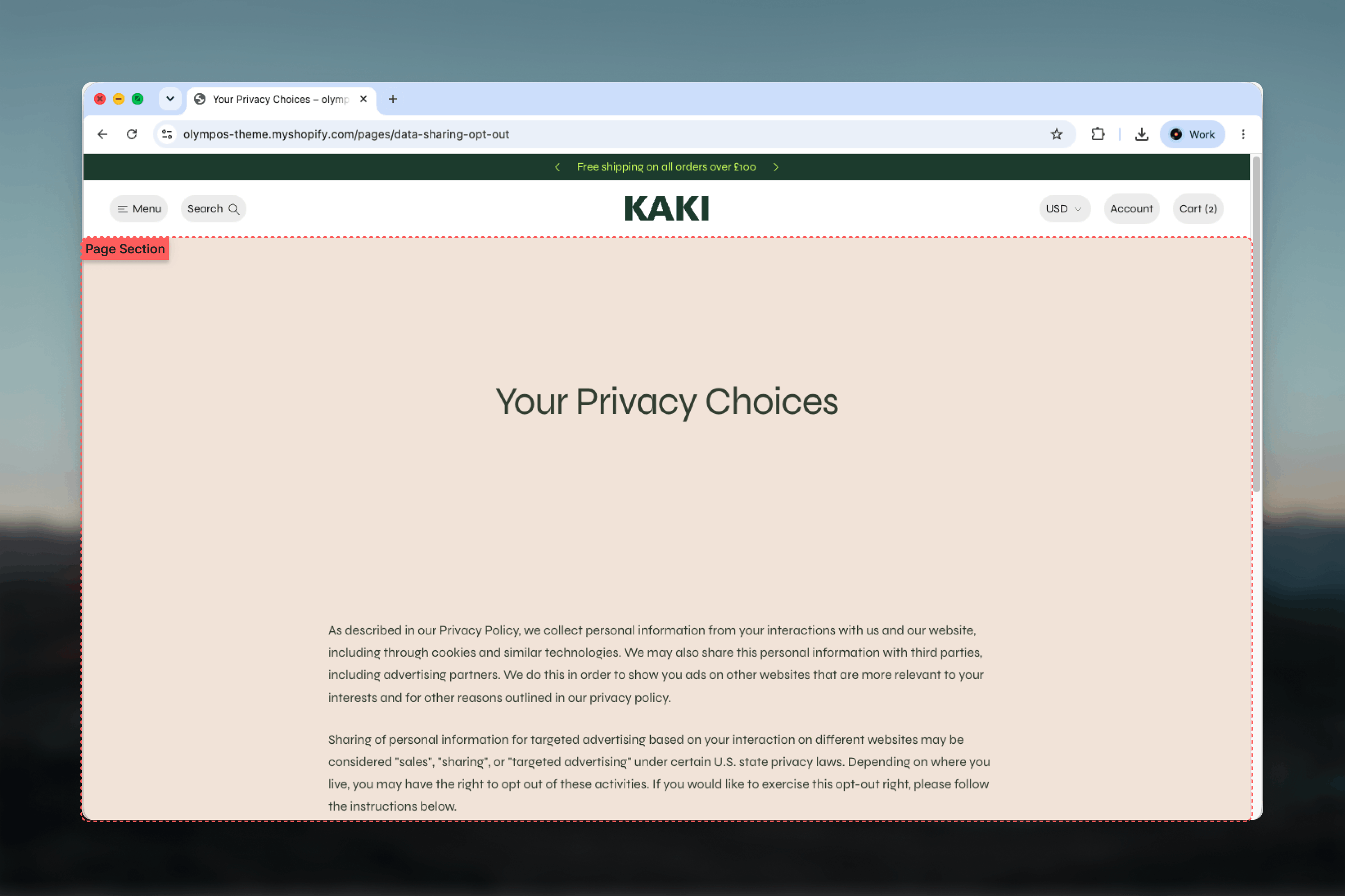 Standard page on the storefront with a banner above a narrow reading column