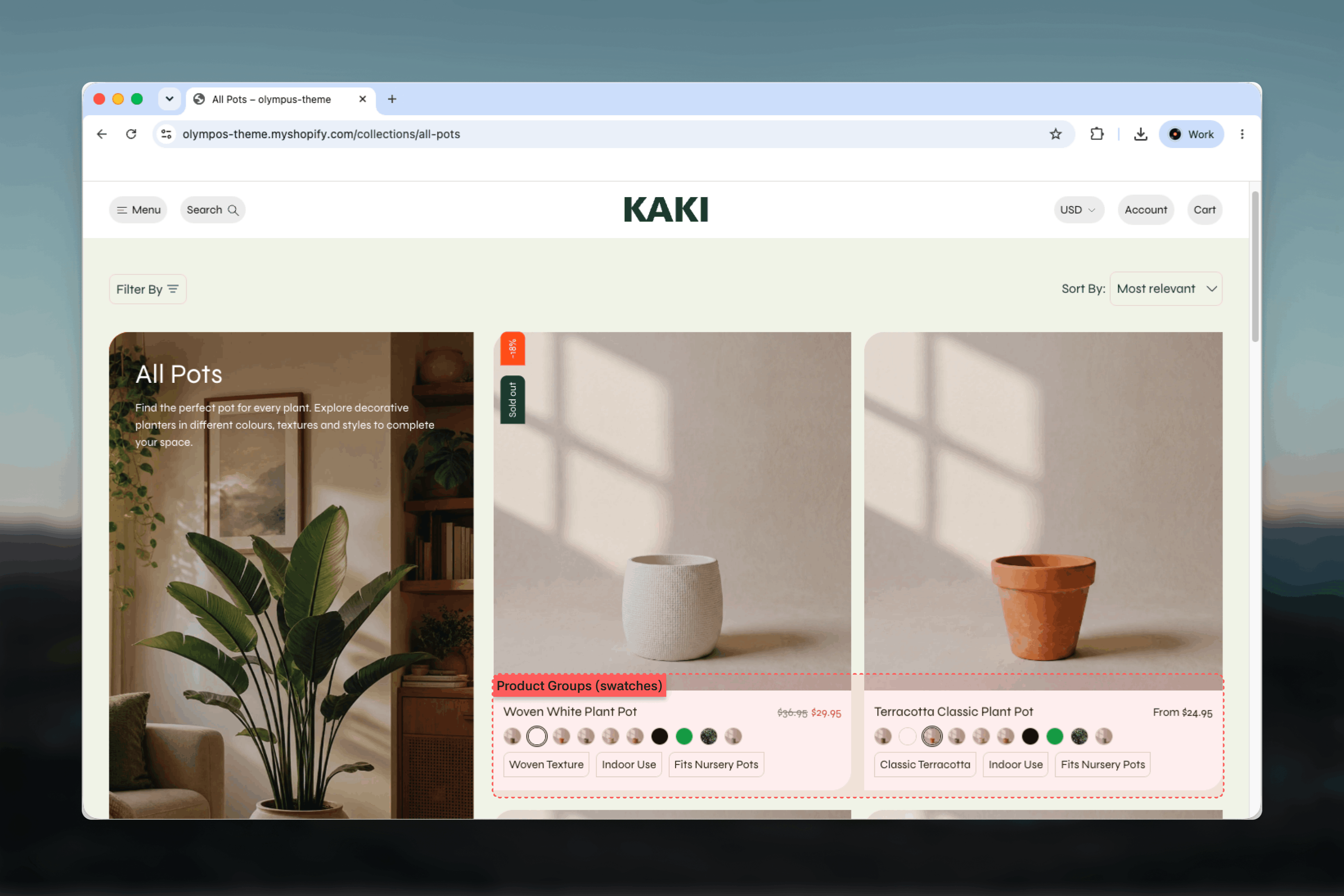 Product cards showing a group as swatches, image tiles and text links