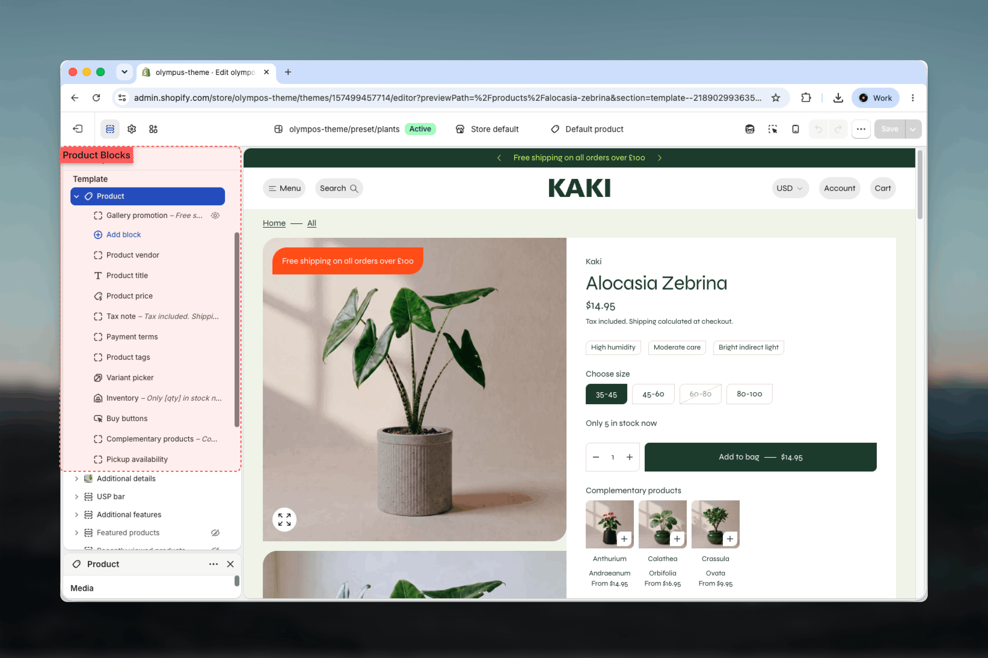 Product section selected in the Theme Customizer with its blocks listed