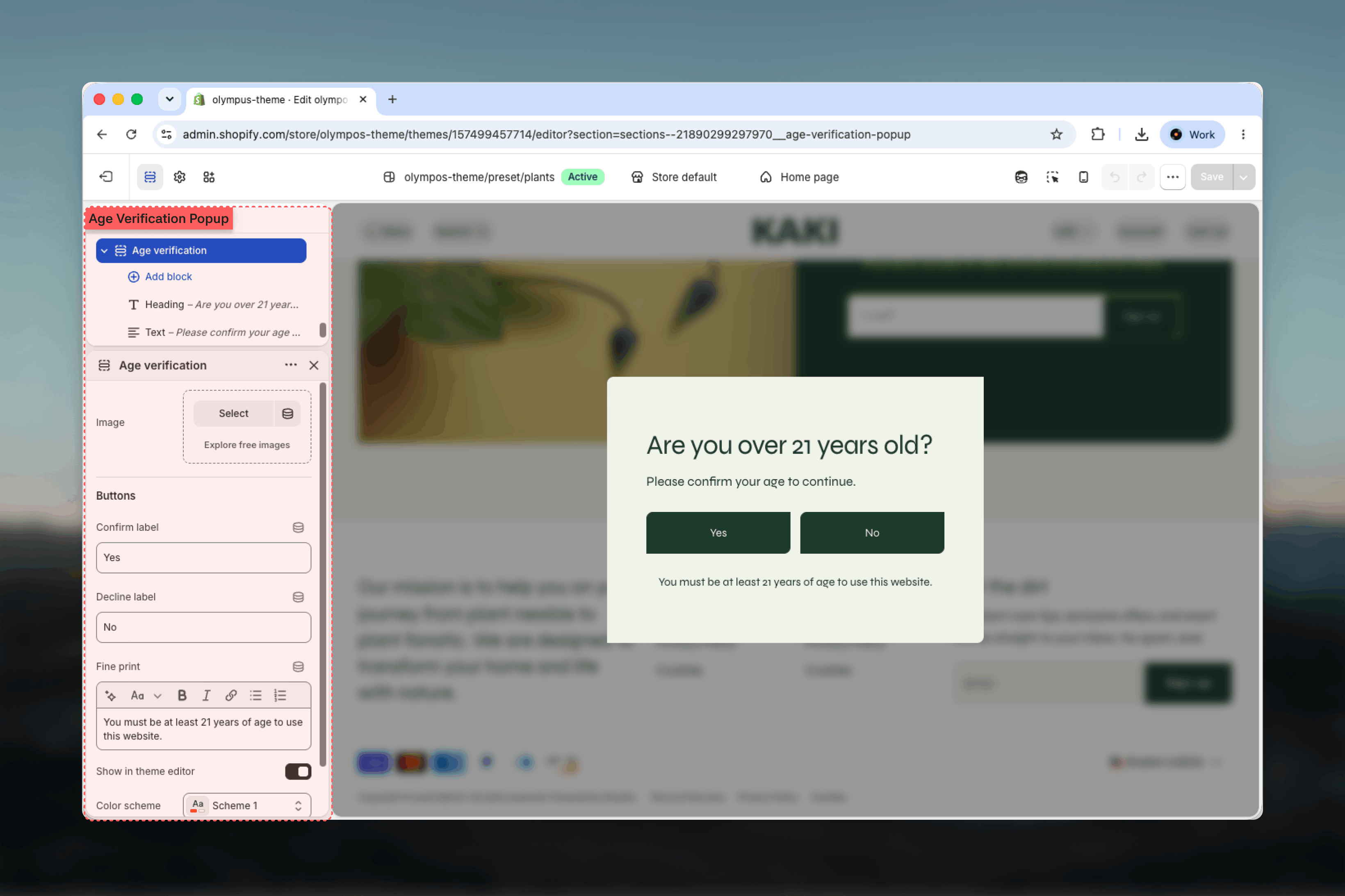 Age verification section inside the Modals & drawers group in the Theme Customizer