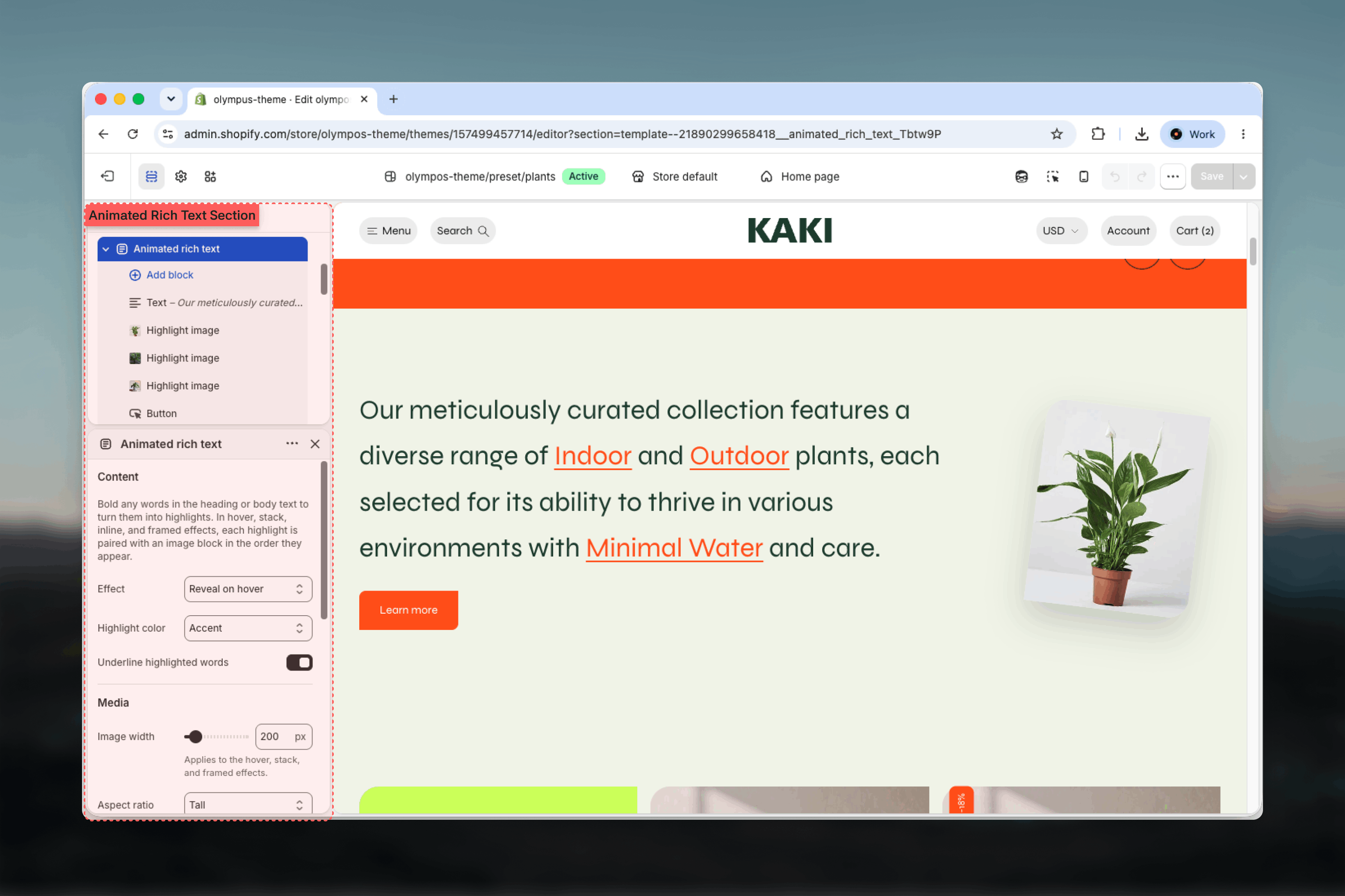 Animated rich text section selected in the Theme Customizer