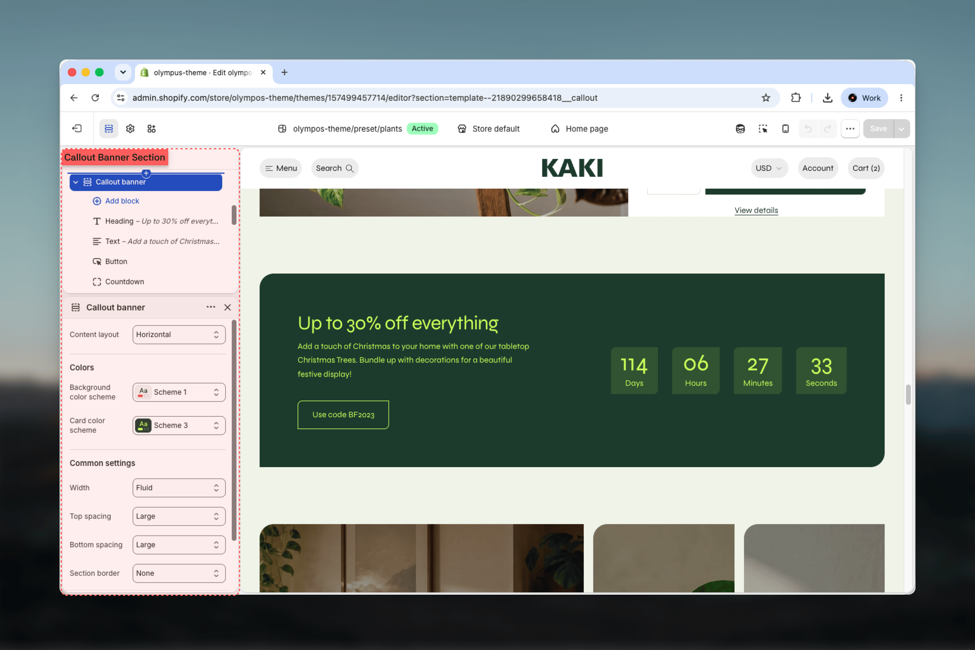 Callout banner section selected in the Theme Customizer