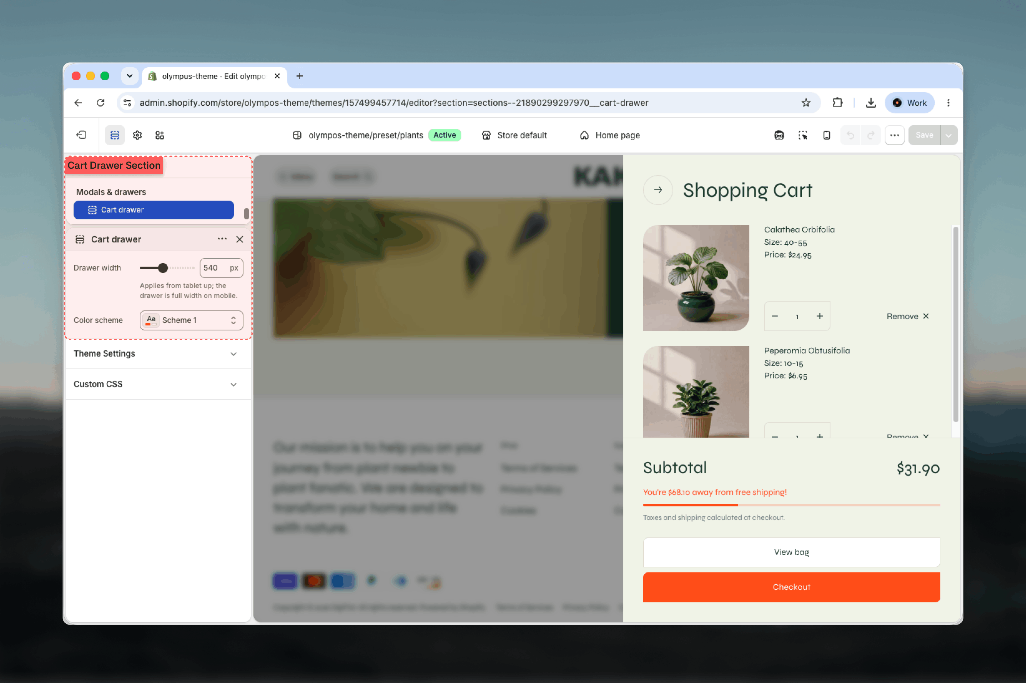 Cart drawer inside the Modals & drawers group in the Theme Customizer
