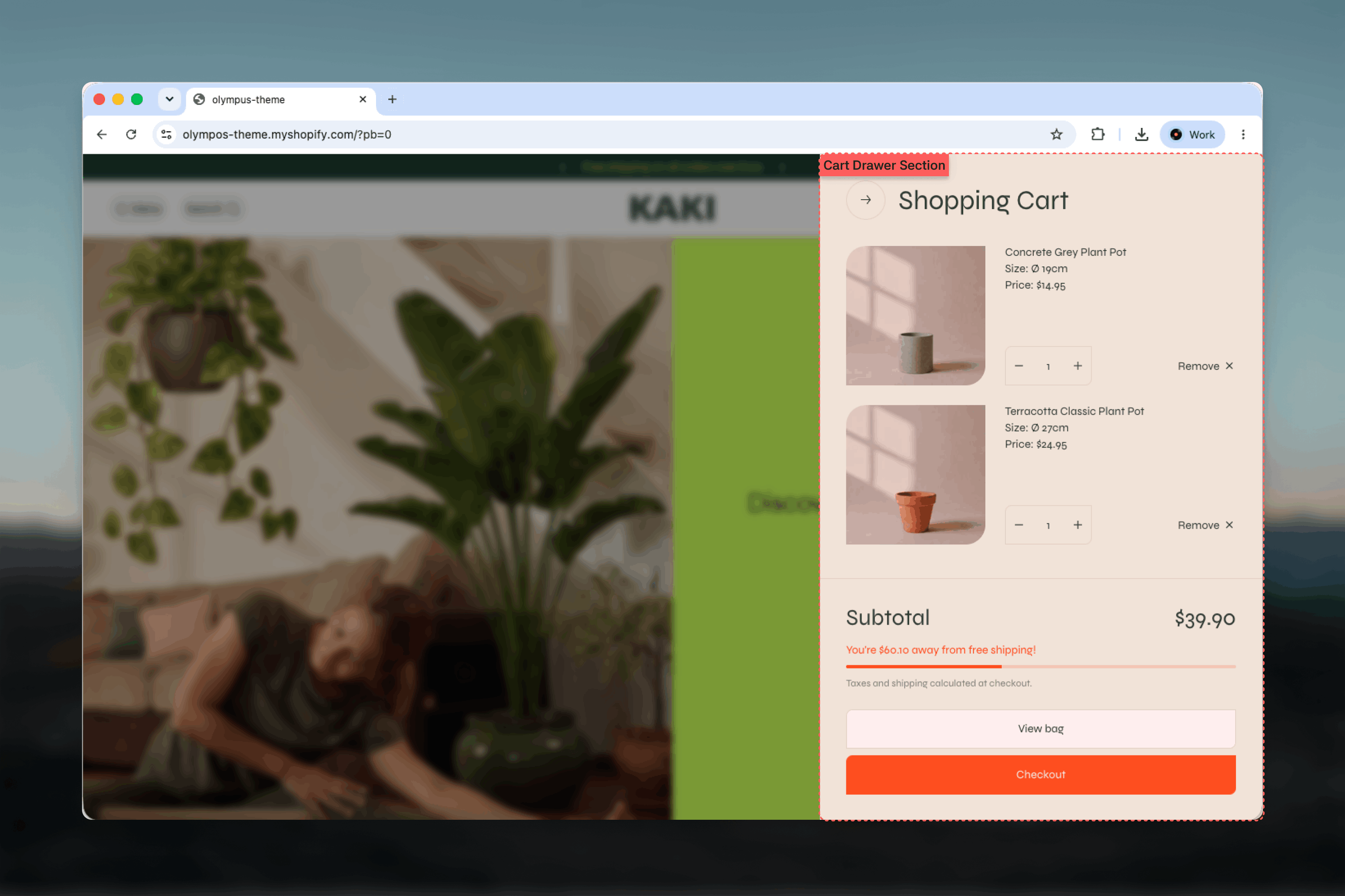 Cart drawer open over the storefront with line items, shipping bar and checkout button