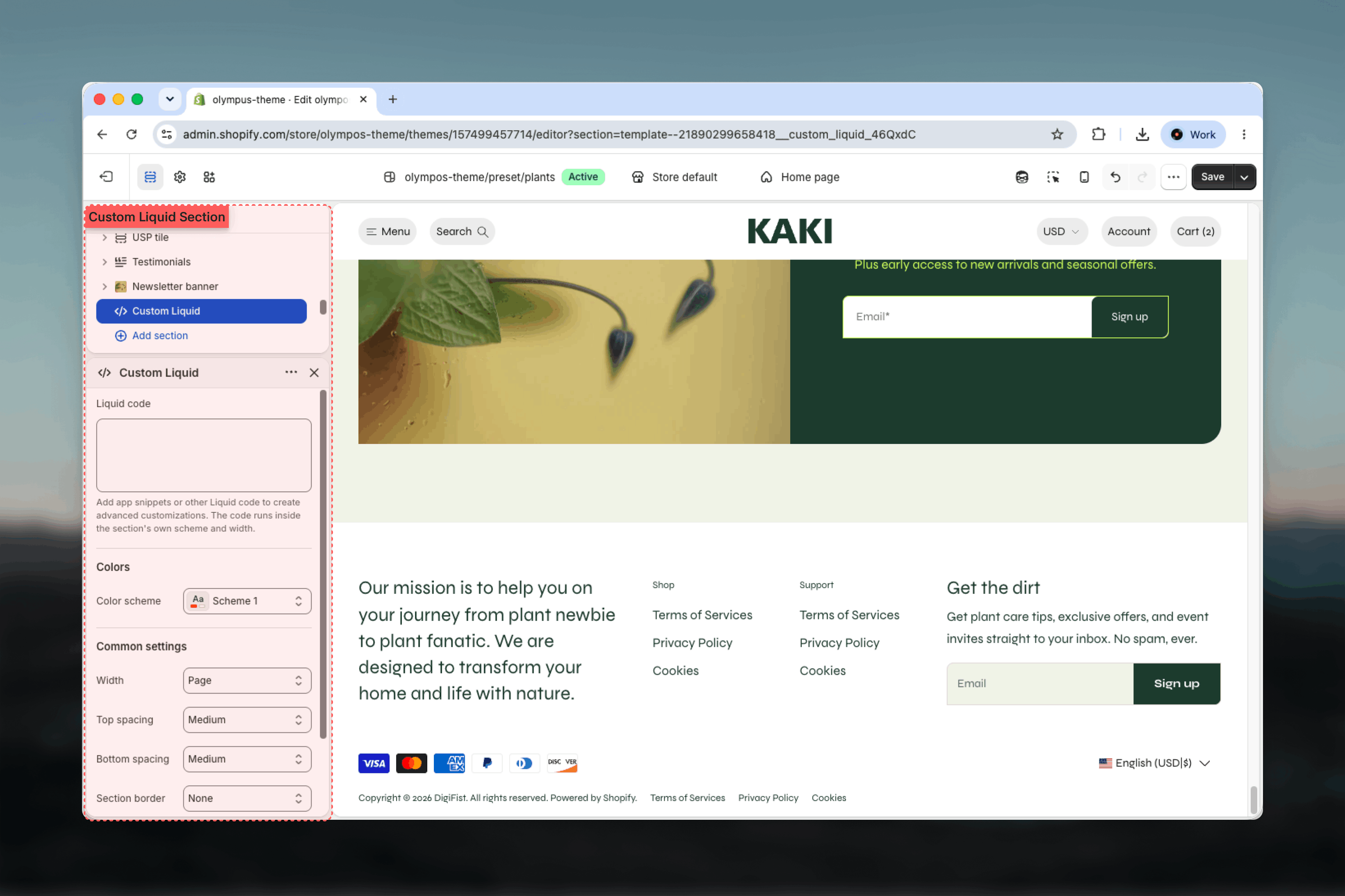 Custom Liquid section and its code field in the Theme Customizer