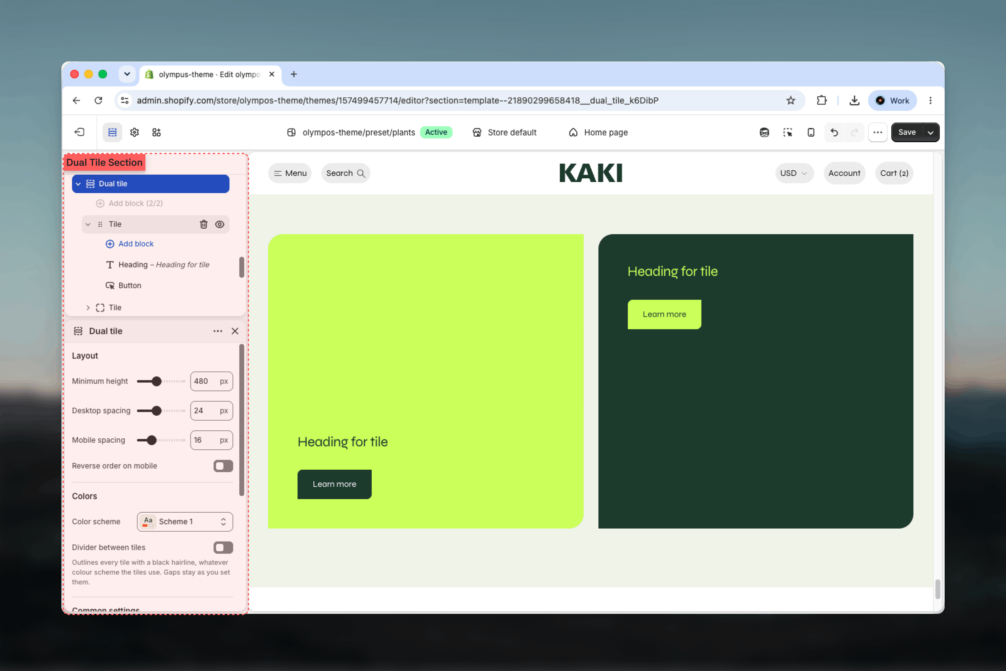 Dual tile section with two Tile blocks in the Theme Customizer