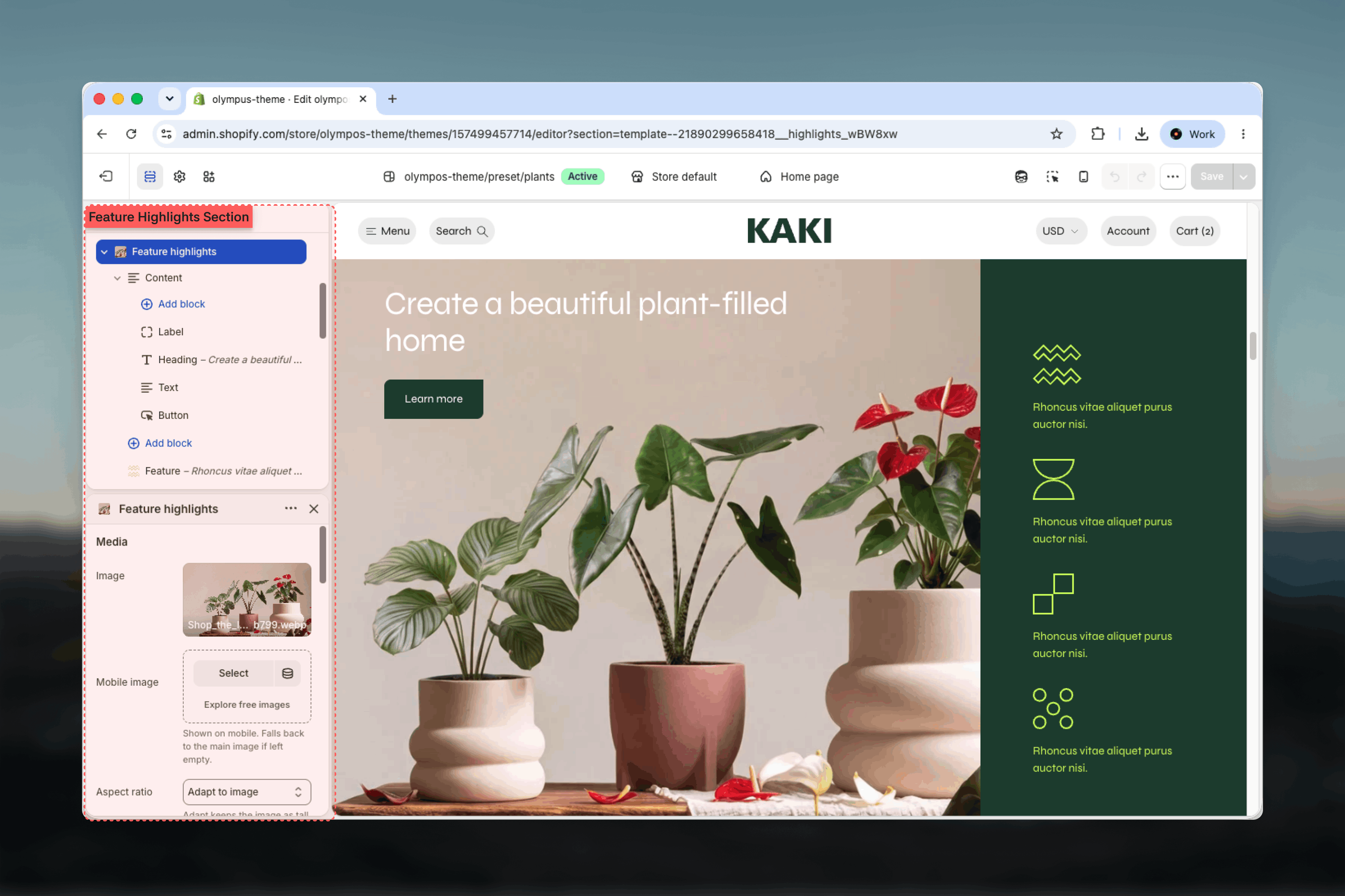 Feature highlights section selected in the Theme Customizer sidebar