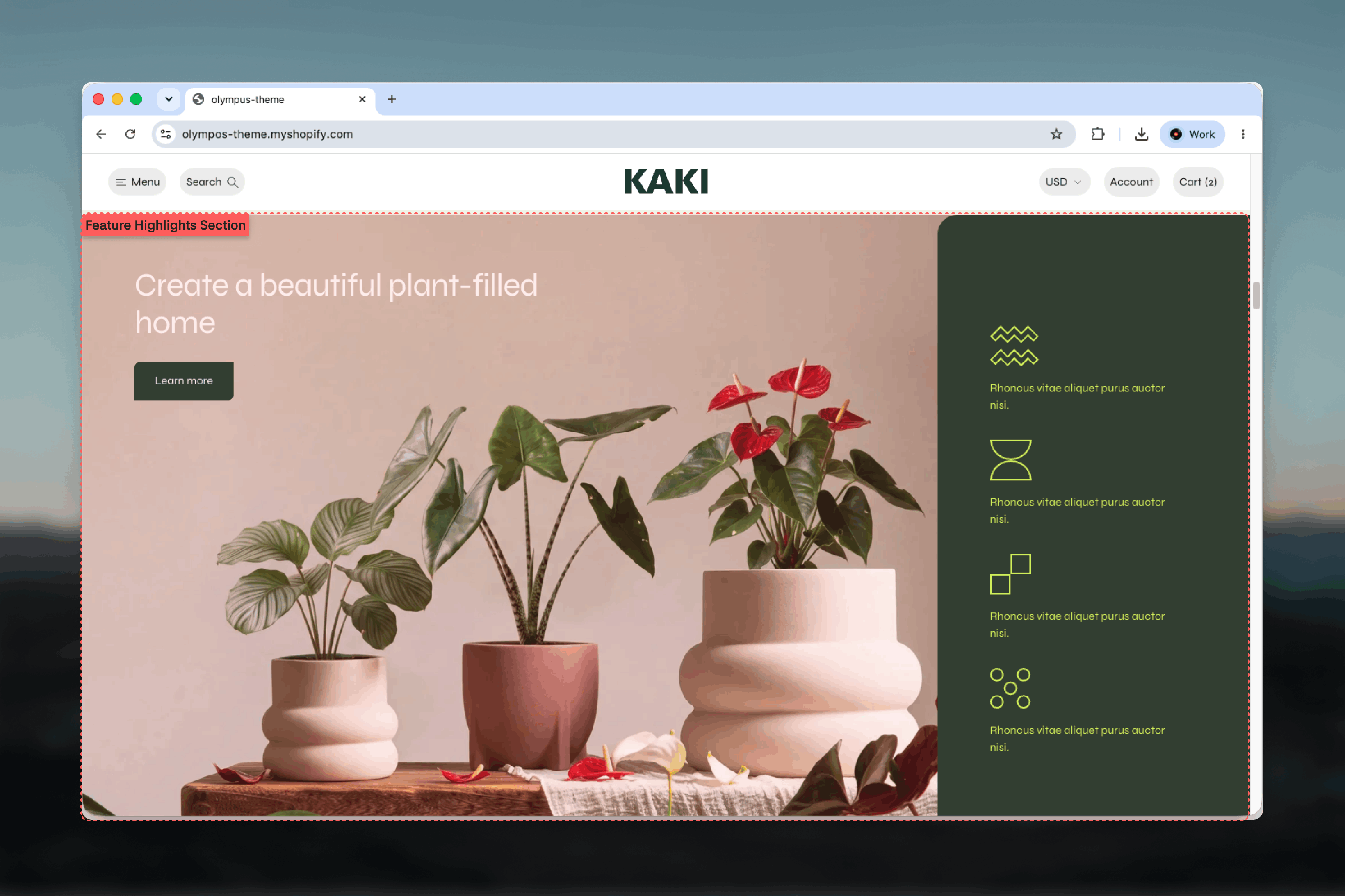 Feature highlights section with an image on the left and four icon-led features on the right
