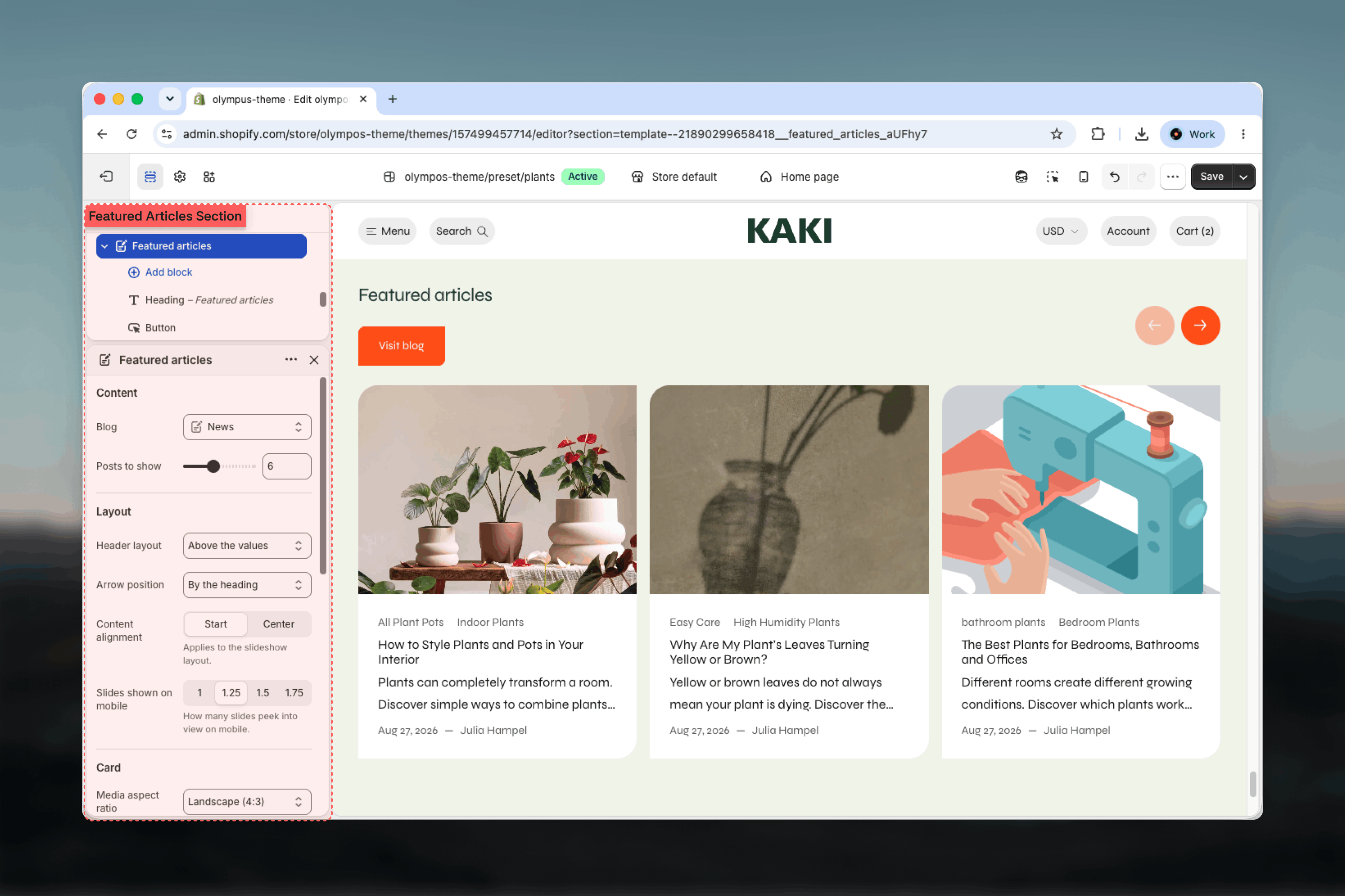 Featured articles section selected in the Theme Customizer sidebar