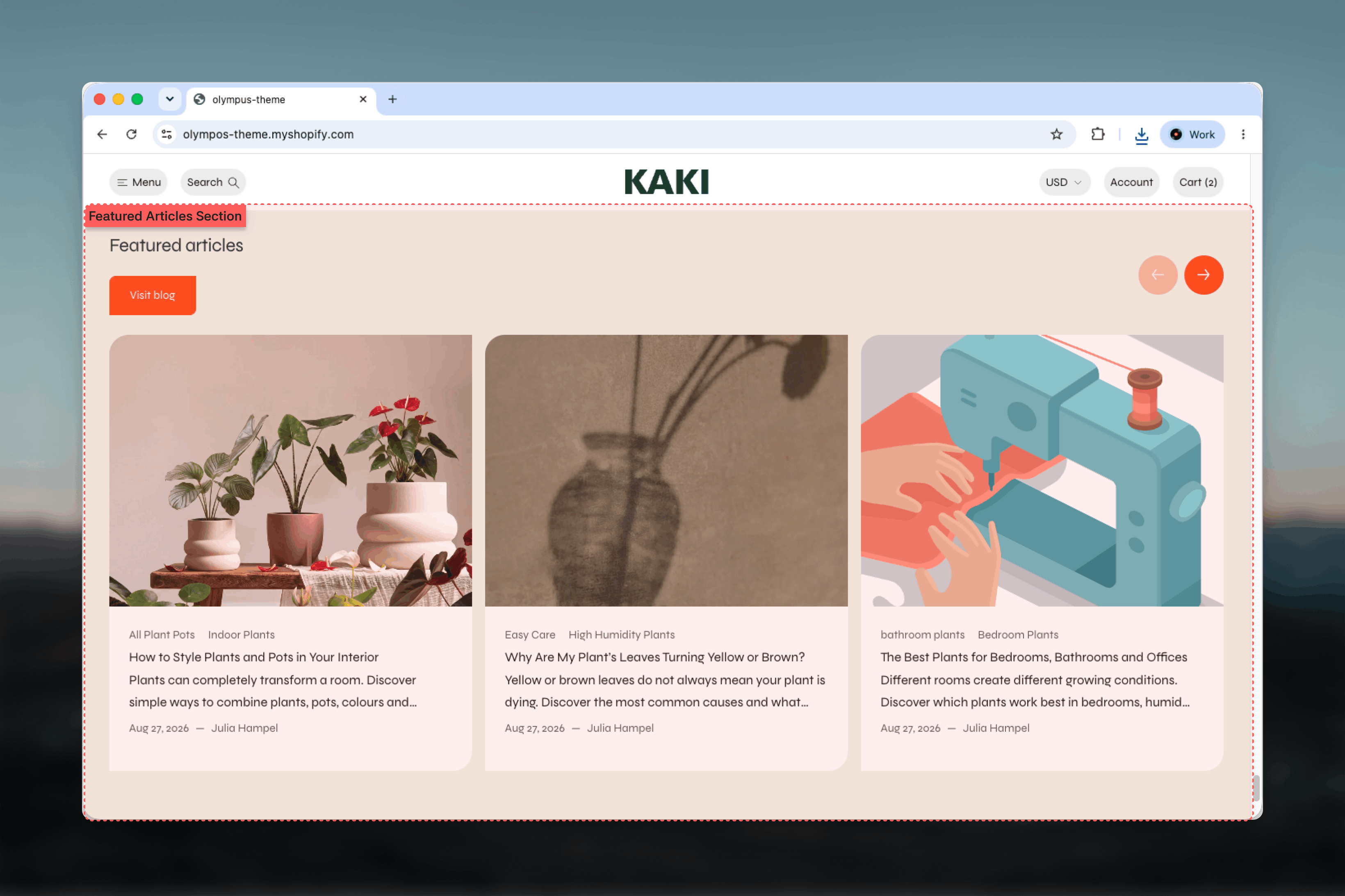 Featured articles section showing a heading beside a row of article cards